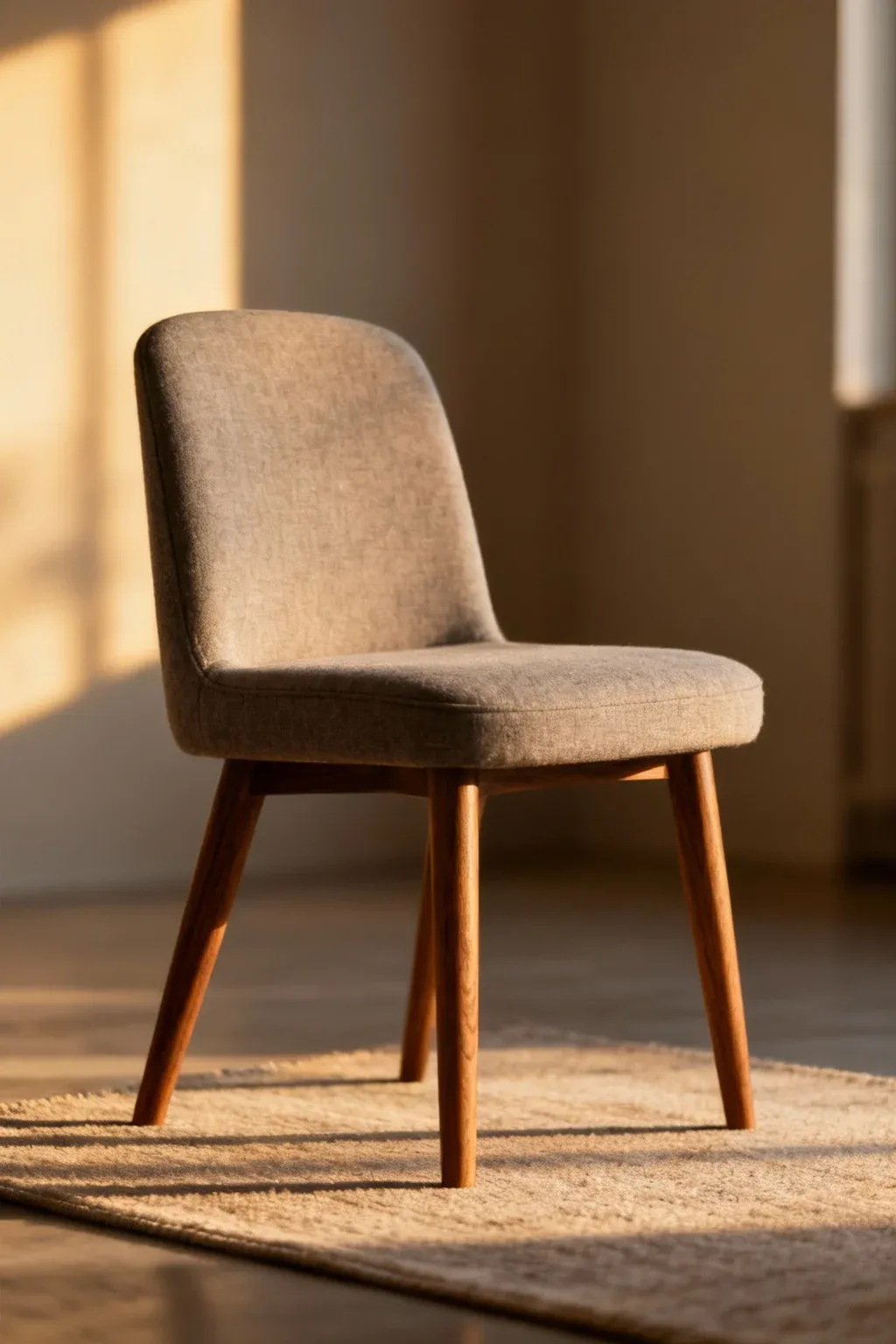 Compact mid-back upholstered chair with wooden legs on rug