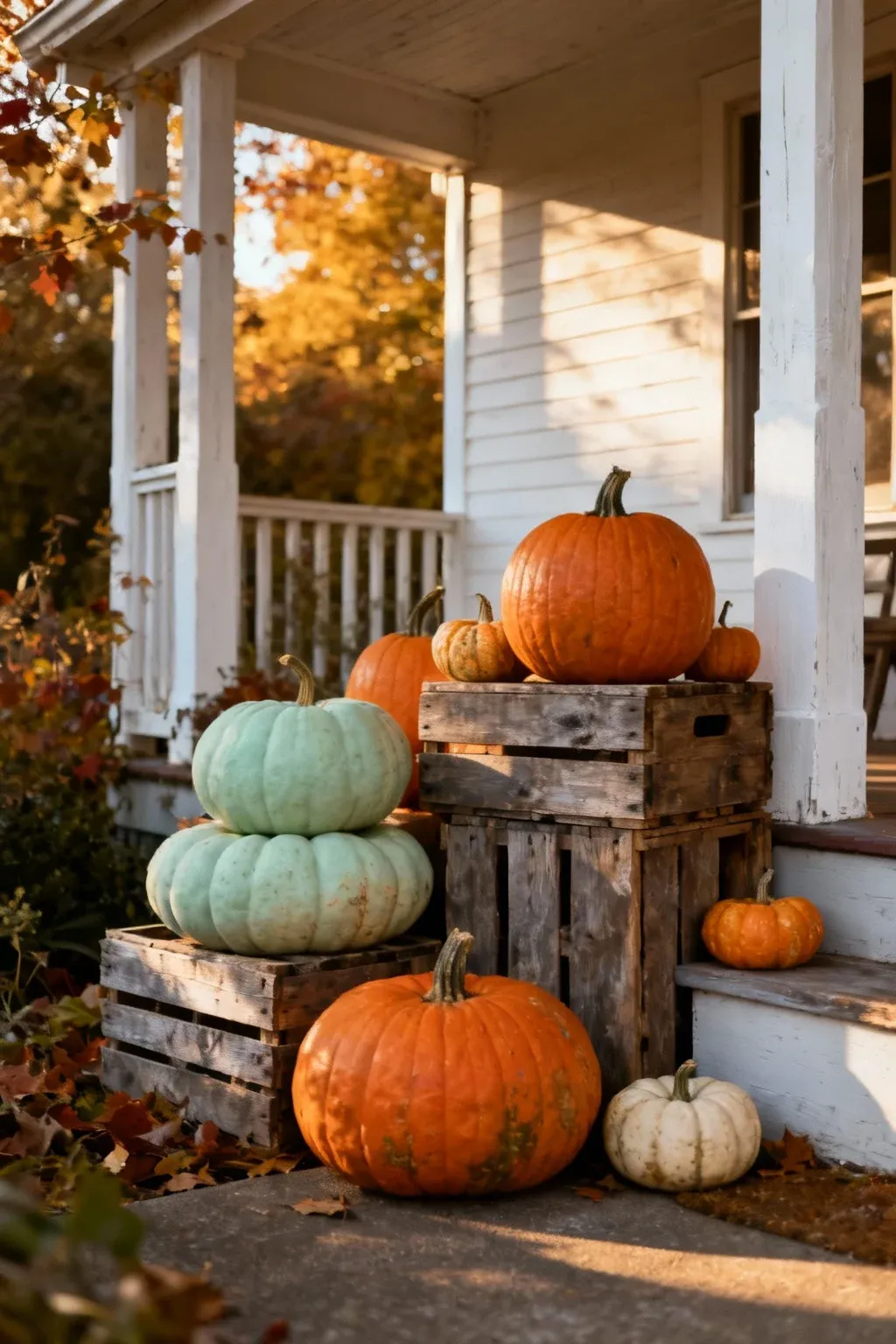 Stacked pumpkins in muted fall colors arranged on rustic wooden crates by a front porch entrance.