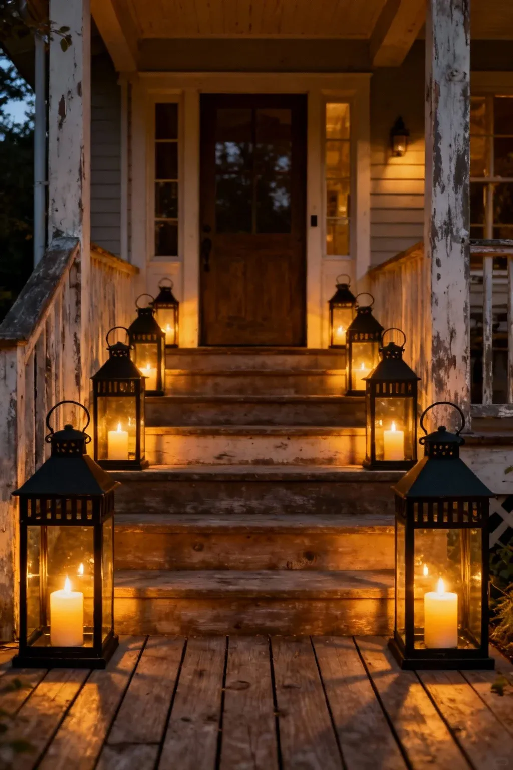 Black metal lanterns with softly glowing candles arranged on a wooden porch entry at dusk.
