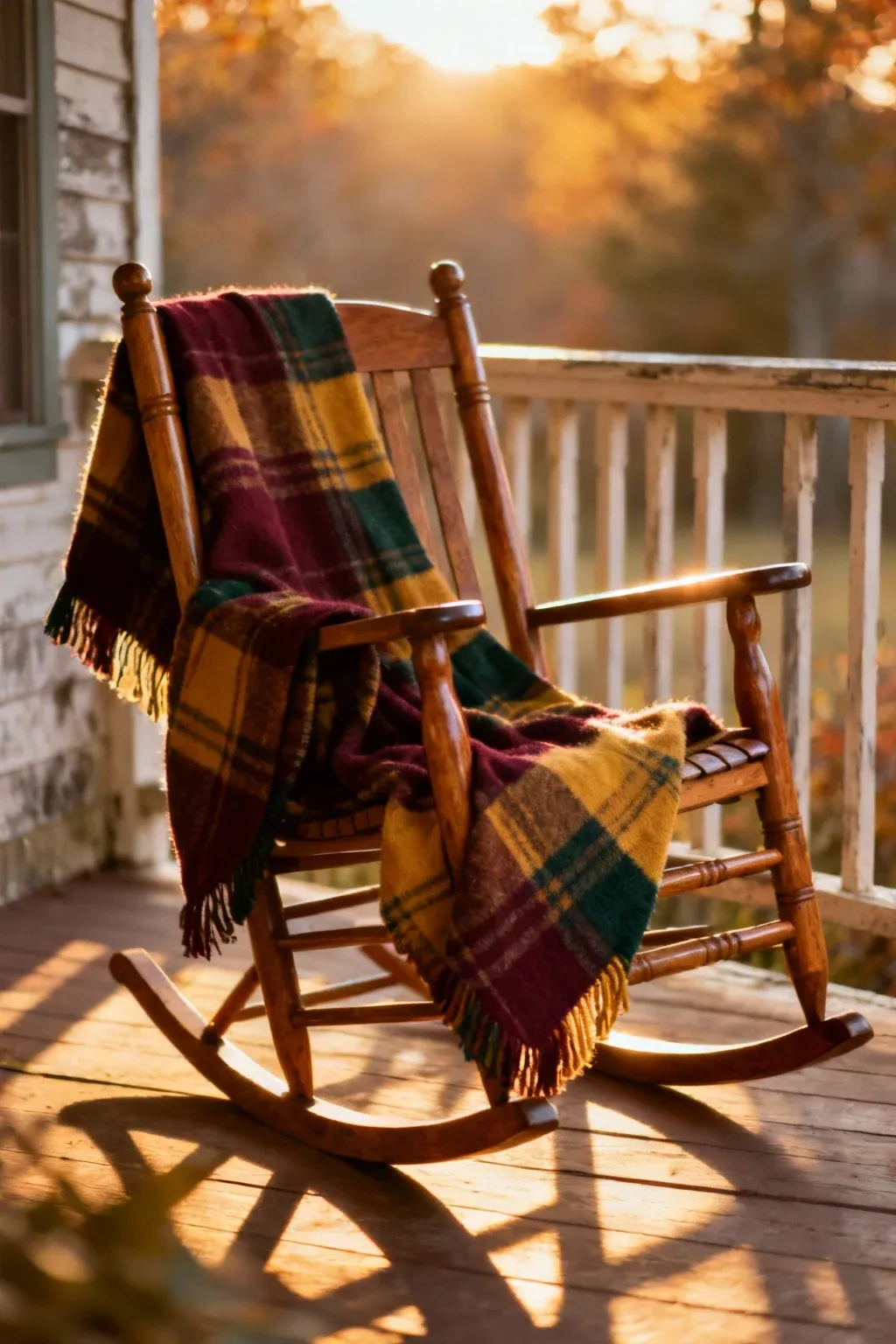 A plaid blanket in autumn colors draped over a wooden rocking chair on a farmhouse porch.
