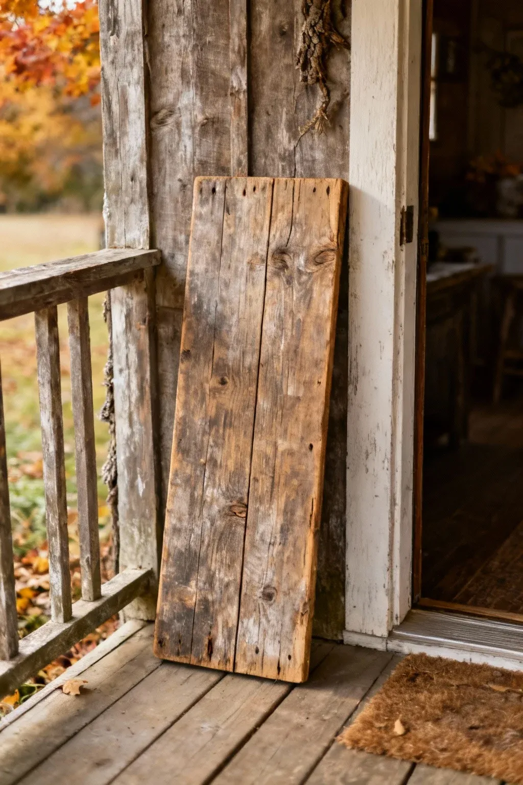 A rustic wooden sign with a weathered finish leaning against a farmhouse-style porch entry.