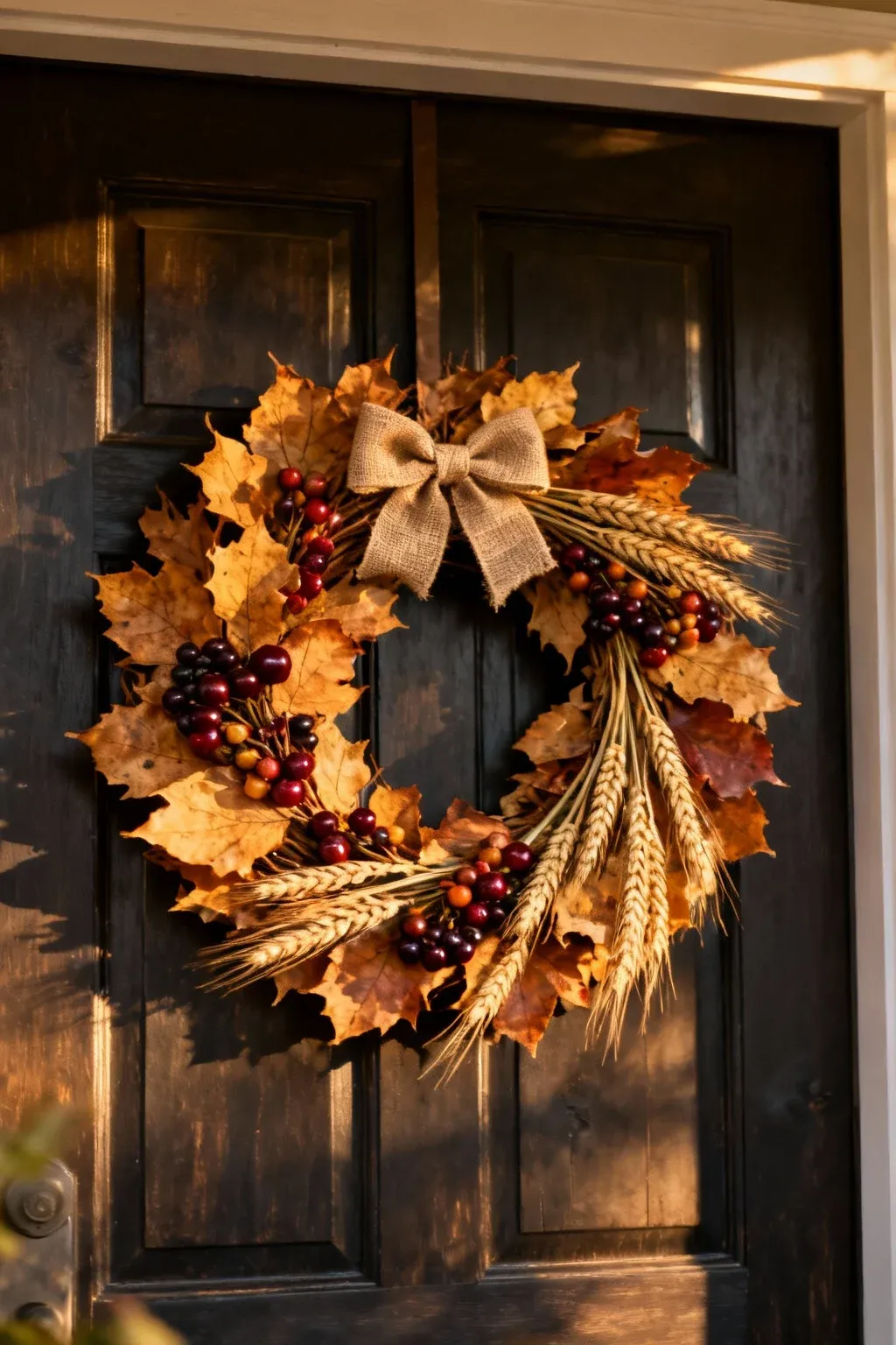 A handmade fall wreath of dried leaves, berries, and wheat stalks hanging on a wooden front door.