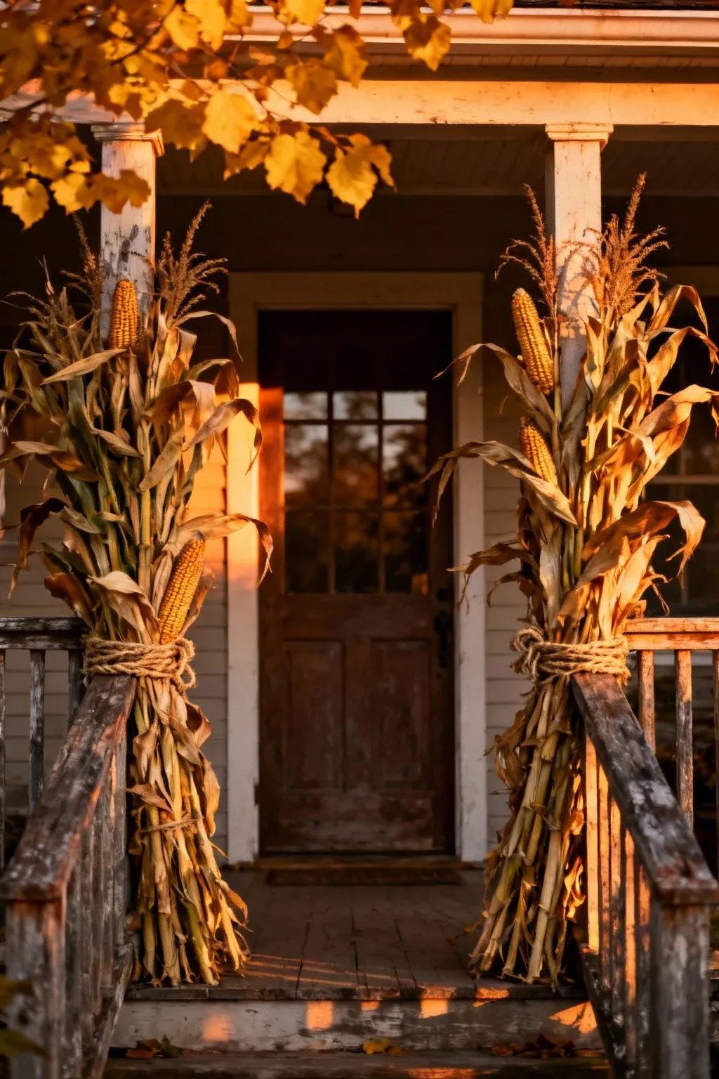 Bundles of dried corn stalks tied with twine onto rustic wooden porch railings.