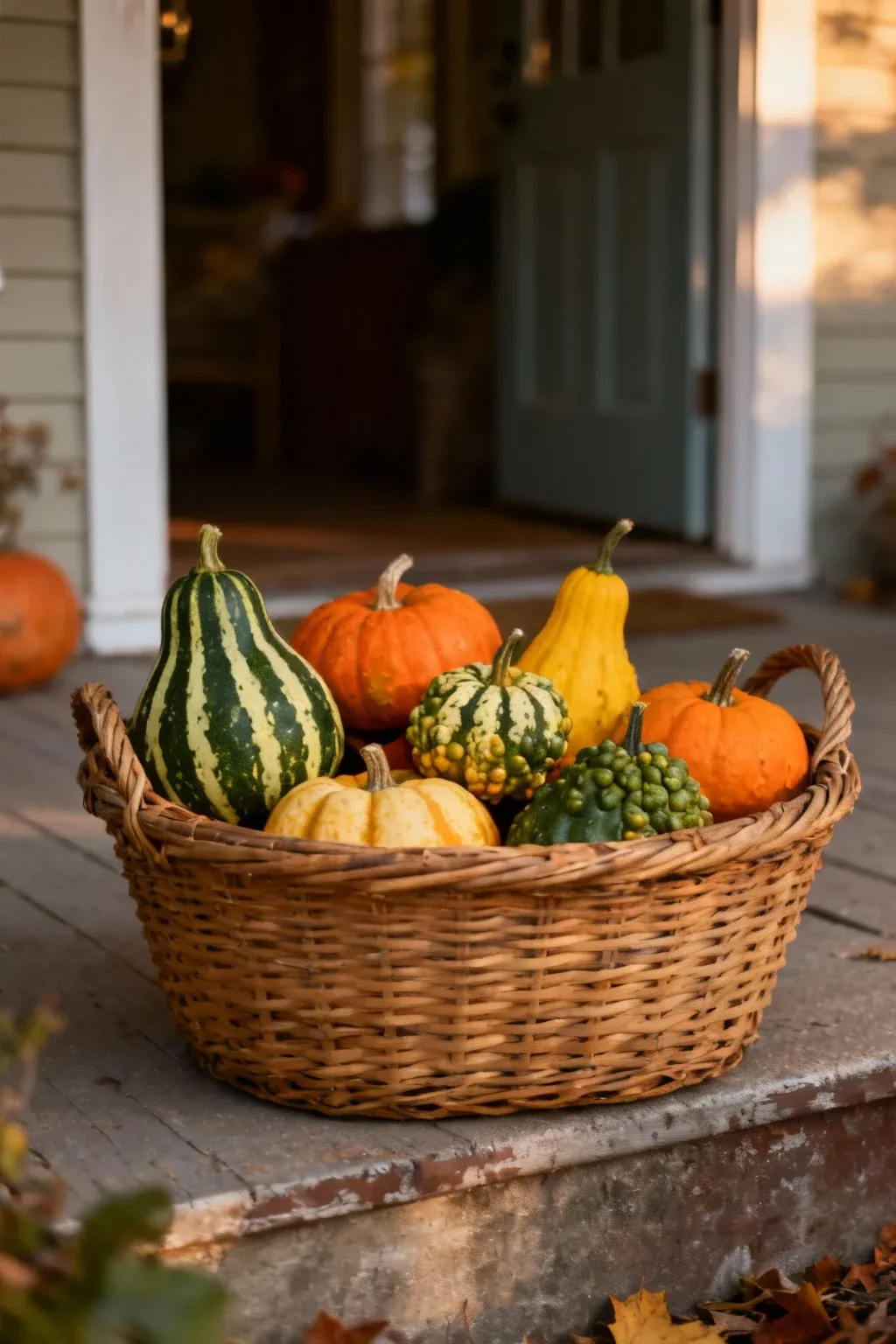 A woven basket full of assorted gourds in green, orange, and yellow placed on a fall porch stoop.
