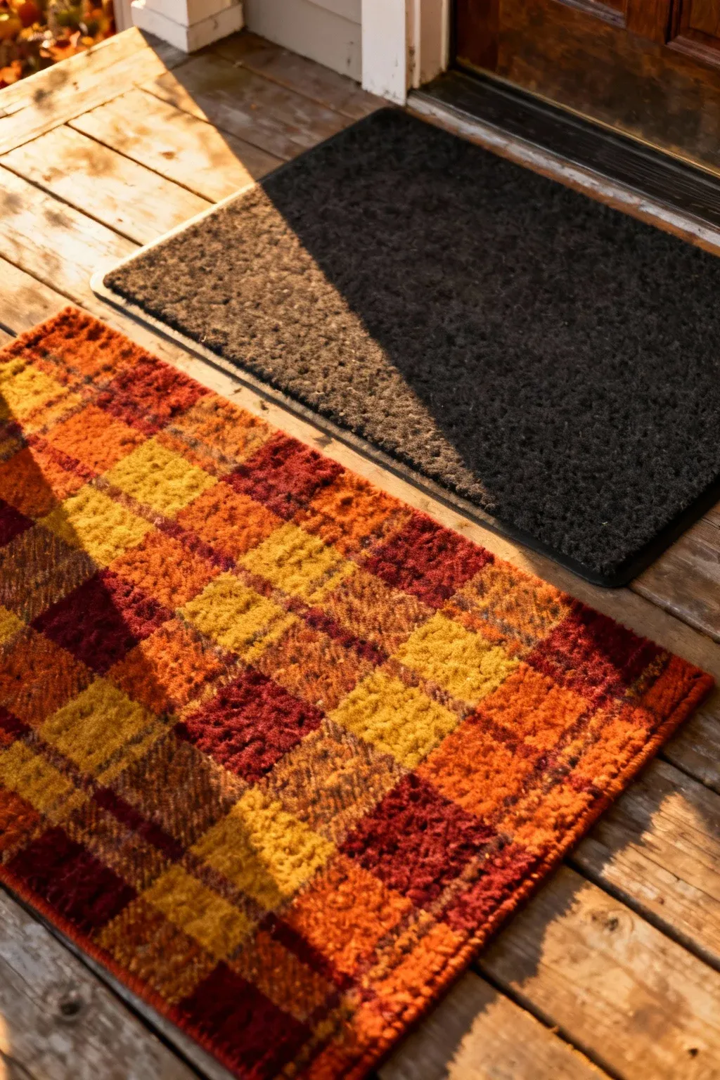 A plaid outdoor rug in fall colors layered under a simple doormat at a rustic porch entry.