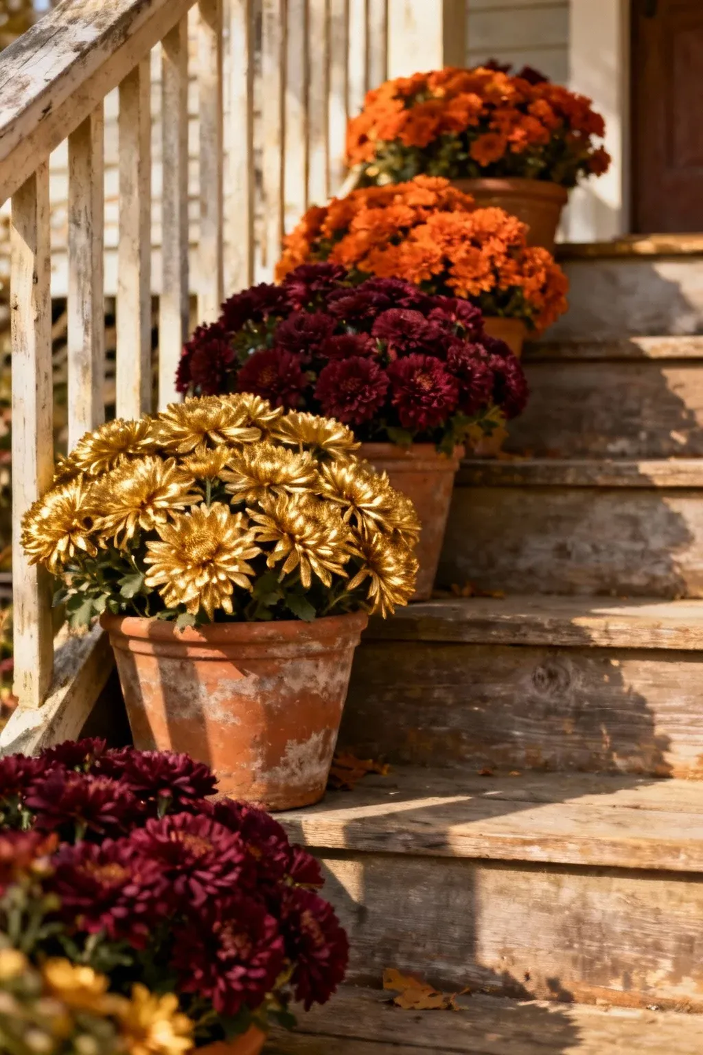 Clusters of chrysanthemums in autumn colors placed in weathered clay pots along porch steps.