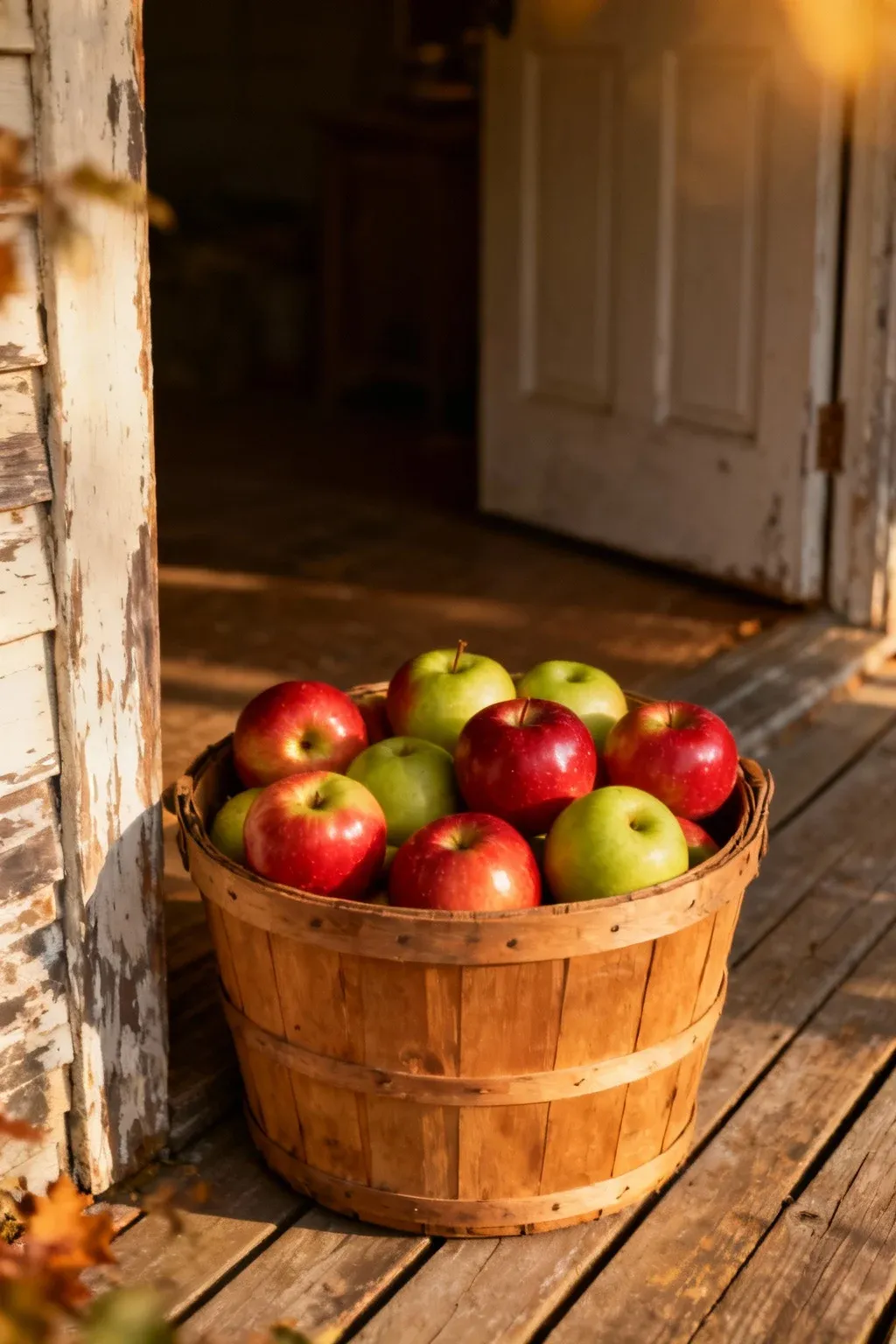 A rustic wooden bushel basket filled with fresh apples placed beside a porch entrance.