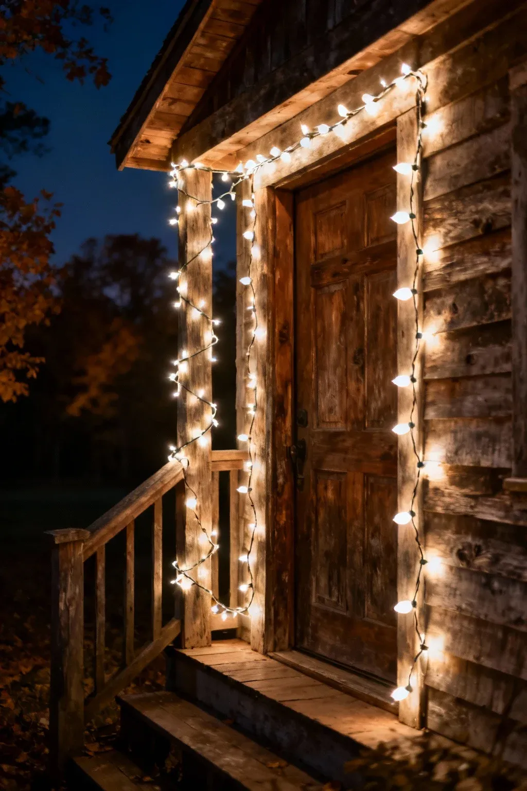 Warm white string lights draped around a rustic wooden front door creating a cozy glow.