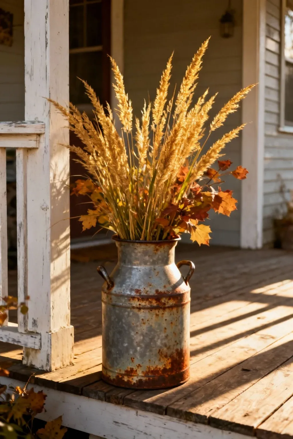 A rusty vintage milk can filled with dried grasses and autumn foliage on a porch.