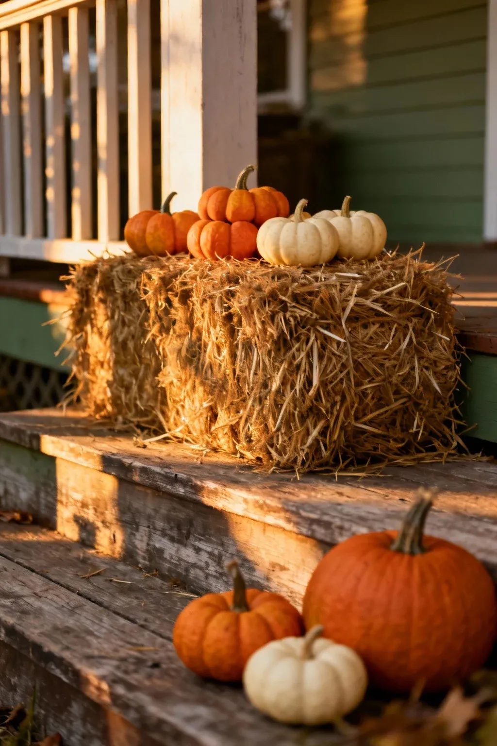 A bale of hay decorated with mini pumpkins placed beside rustic wooden porch steps.