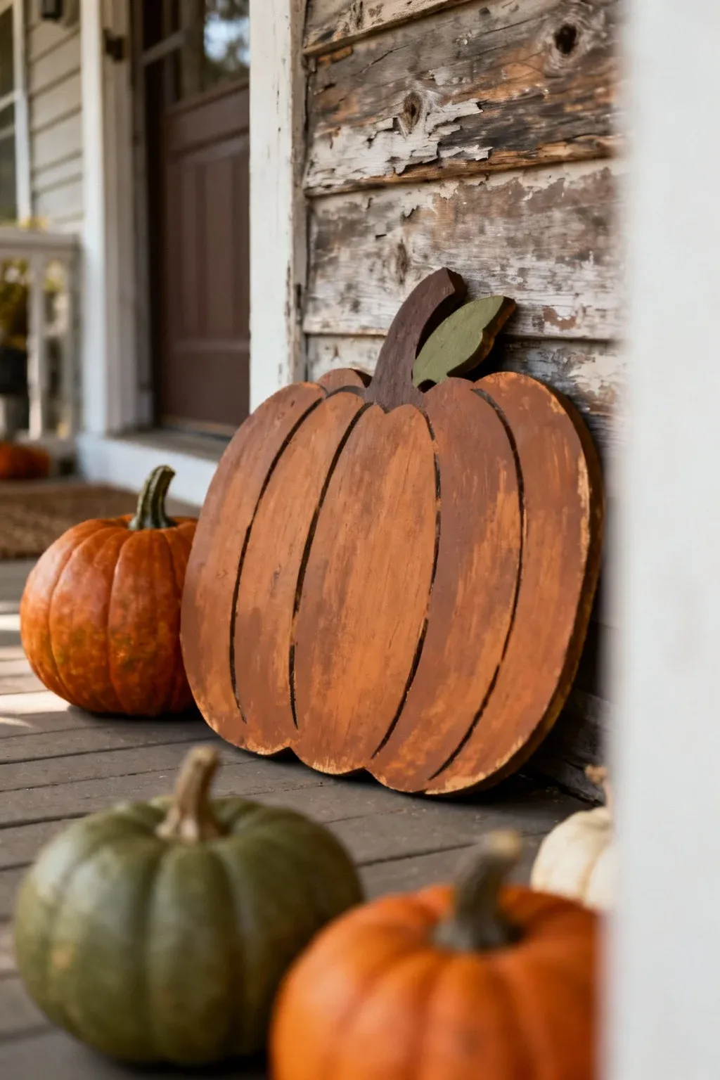 Hand-painted wooden pumpkin cutouts leaning against a rustic farmhouse porch wall.