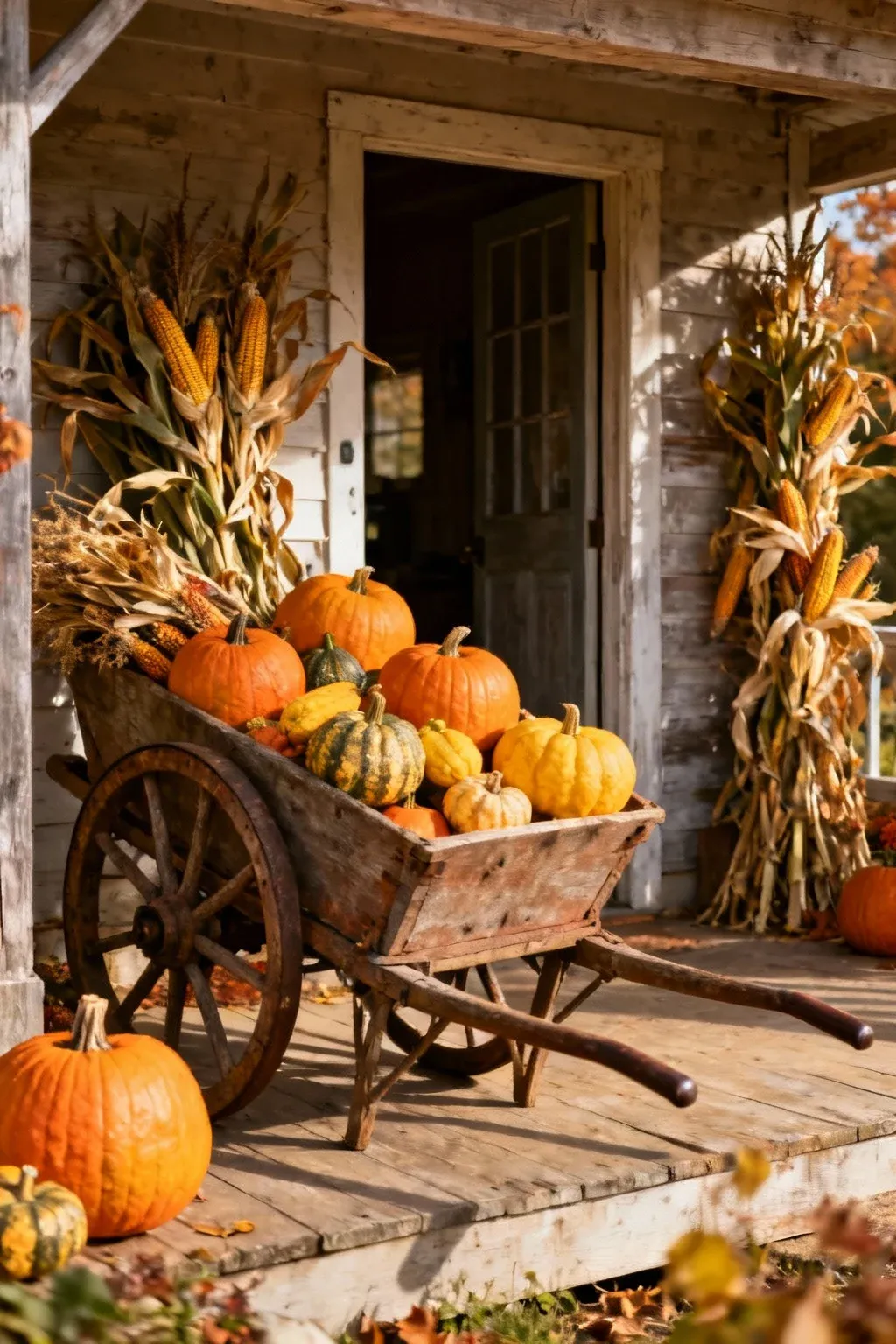 A rustic wheelbarrow filled with pumpkins, squash, and dried corn beside a porch.