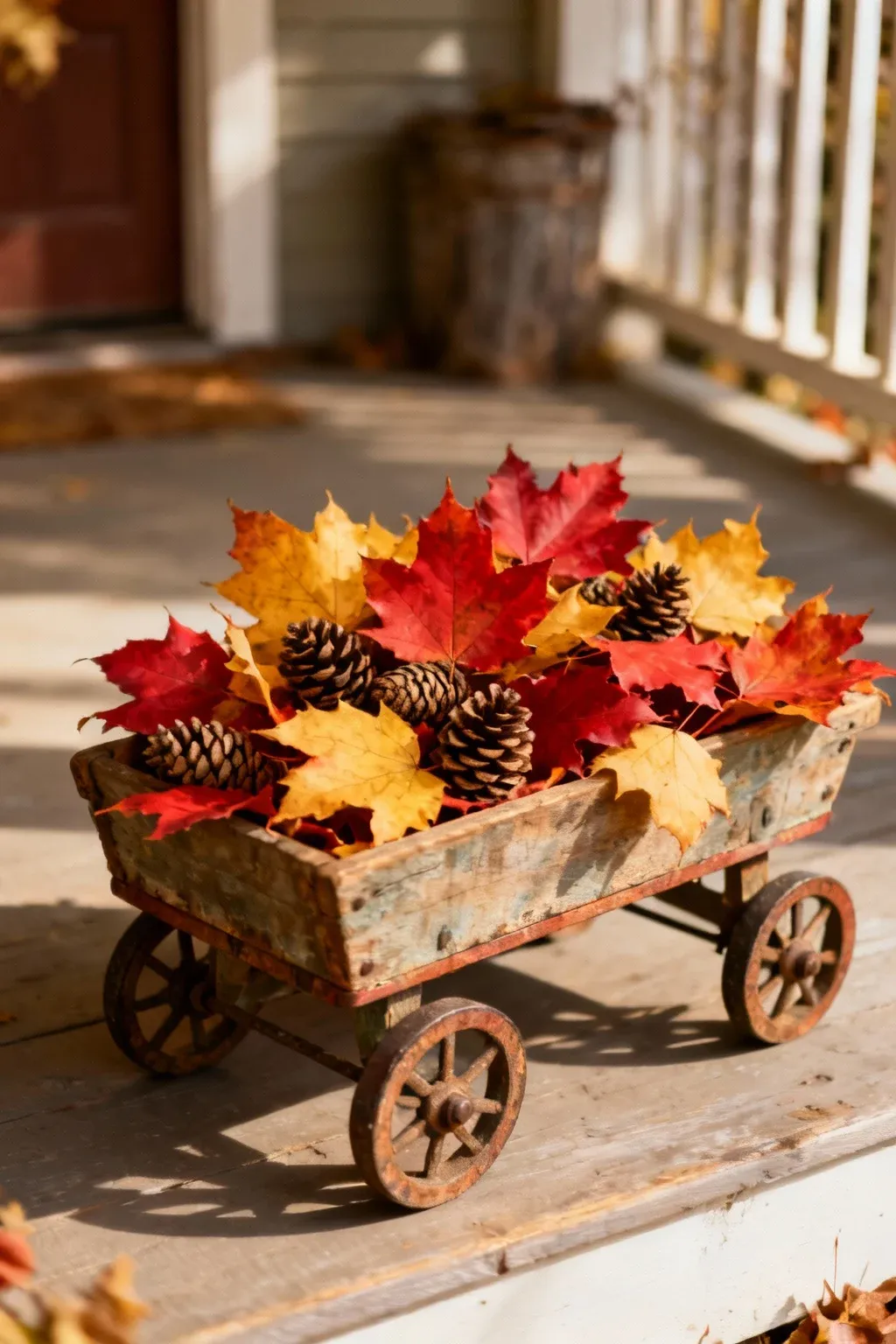 A small wooden wagon filled with colorful autumn leaves and pinecones on a rustic porch.