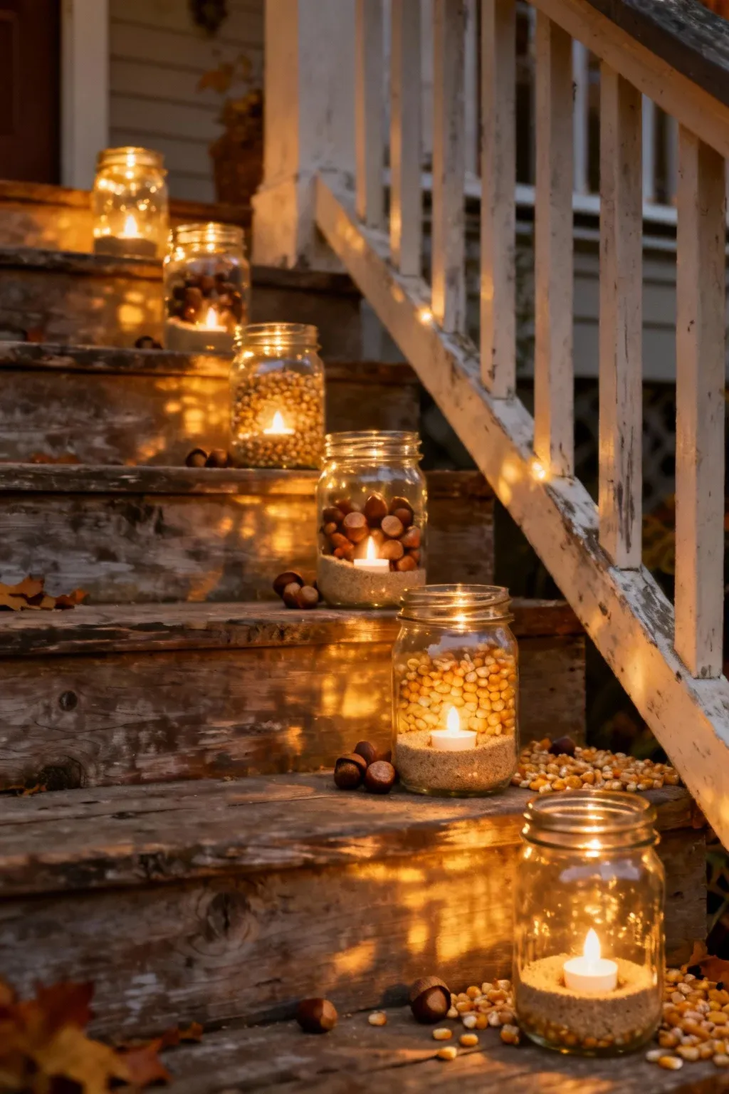 Mason jars with glowing tea lights and autumn fillers arranged along rustic wooden porch steps.