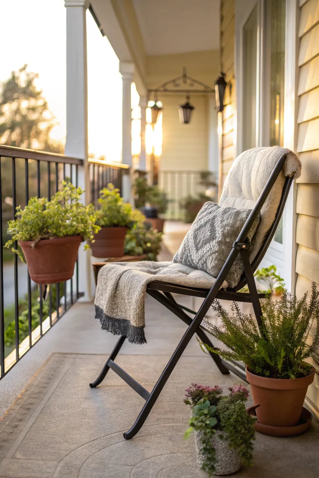 A folding chair with a cushion on a narrow porch surrounded by plants.