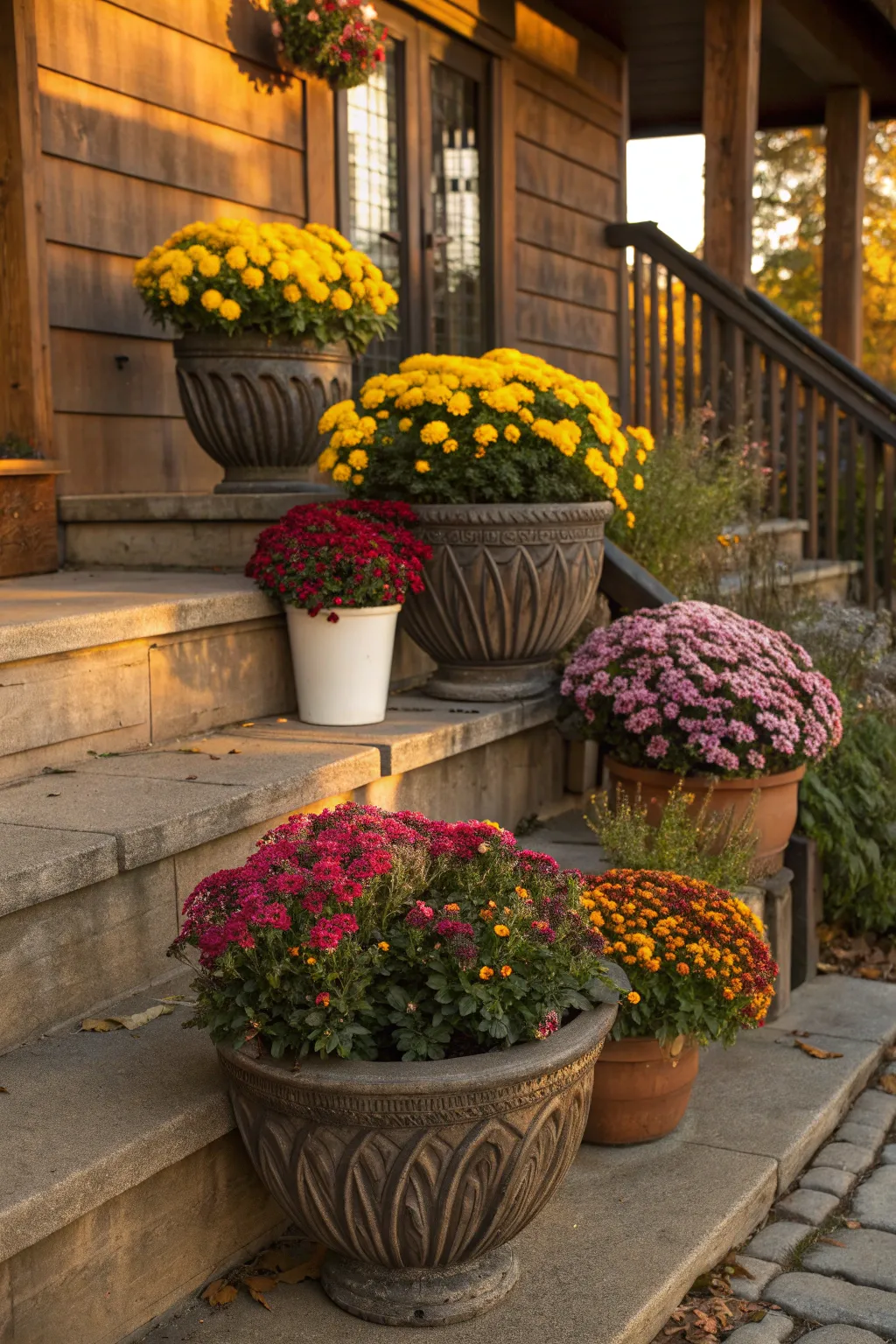 Colorful planters with flowers on steps leading to a porch.