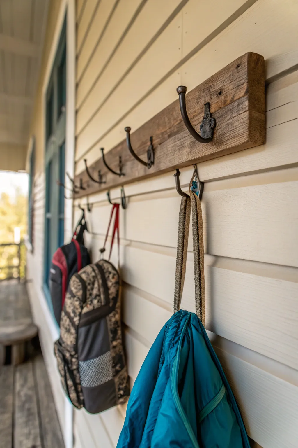 Rustic wall hooks for outdoor gear mounted on a porch wall.