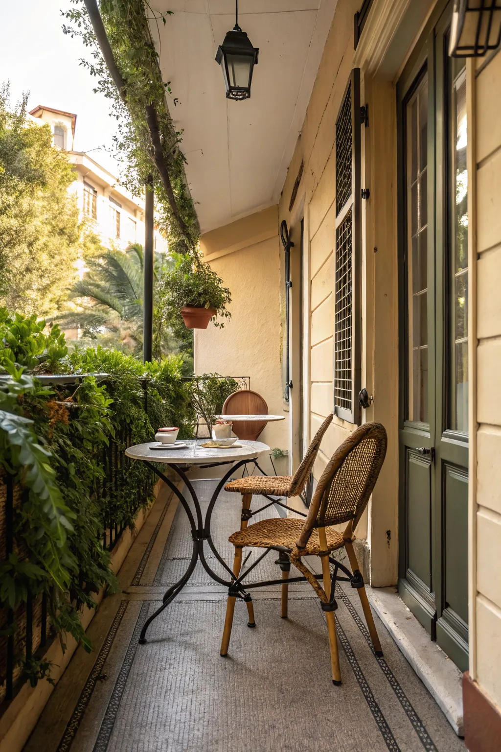 A small bistro table with two chairs on a cozy porch.