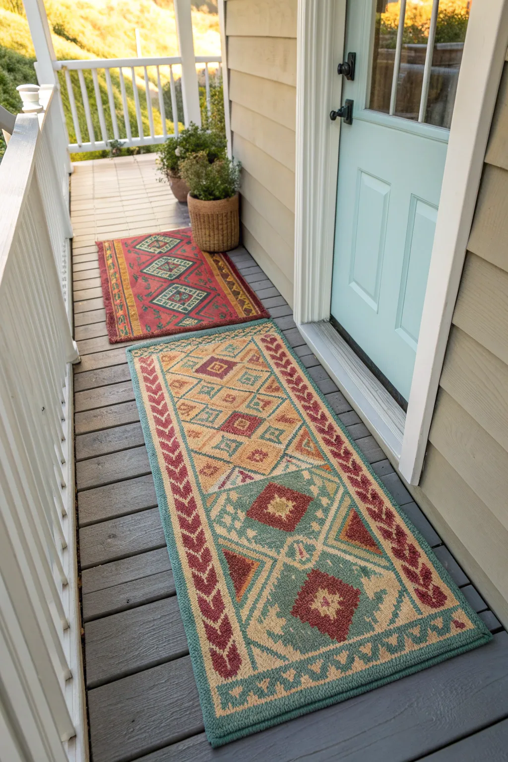 Layered rugs adding texture to a narrow porch.