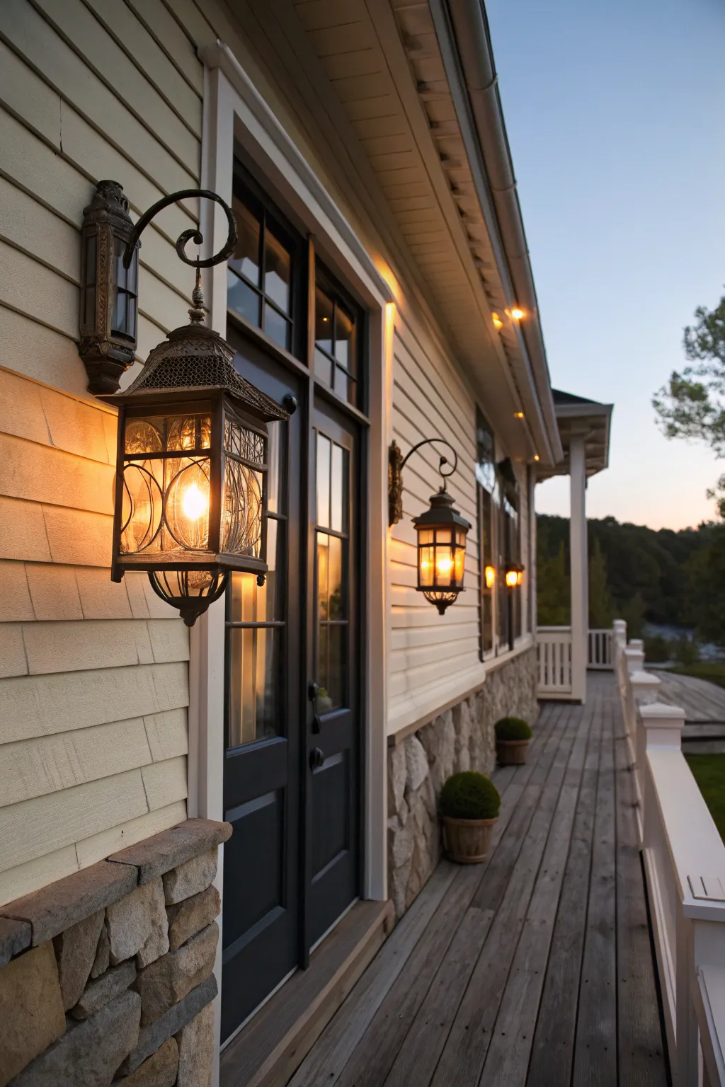 Vintage wall-mounted lanterns glowing on a porch.