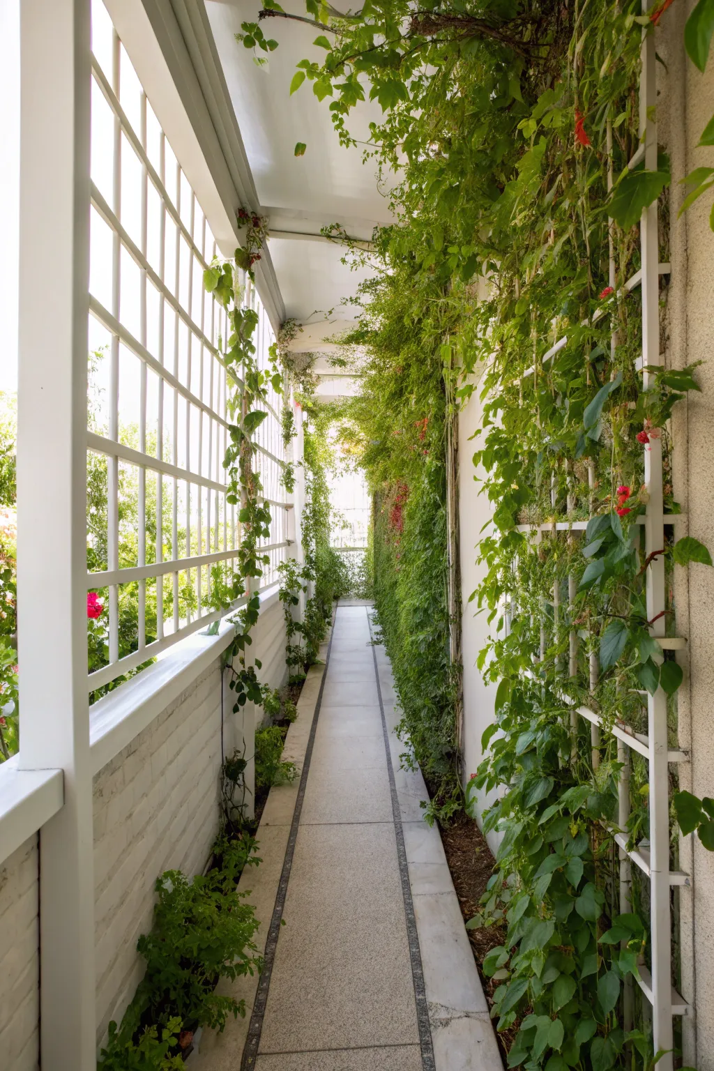 A vertical garden with climbing plants on a porch wall.