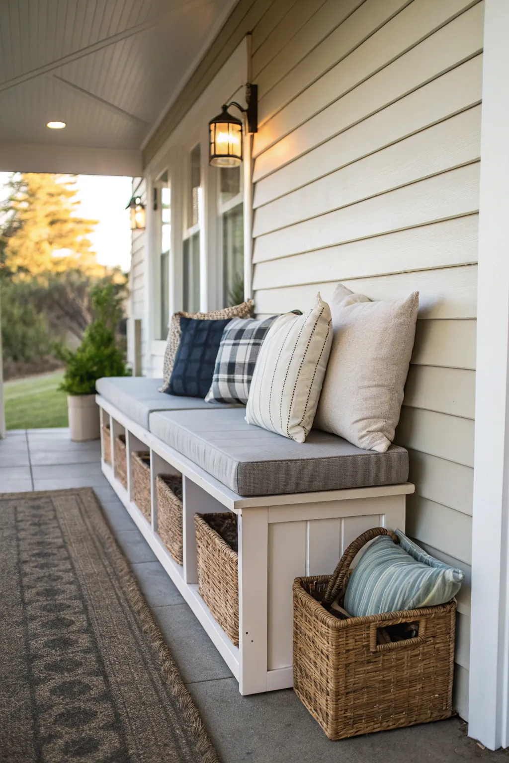 A bench with storage and cushions on a narrow porch.