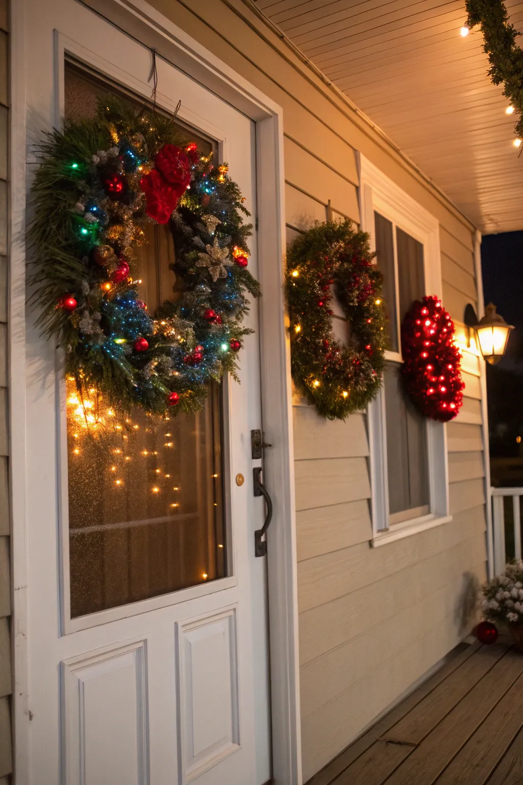 Colorful seasonal wreaths on a front door of a porch.