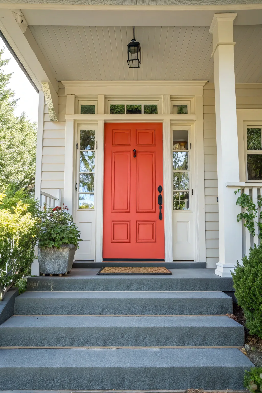 A vibrant painted front door on a narrow porch.