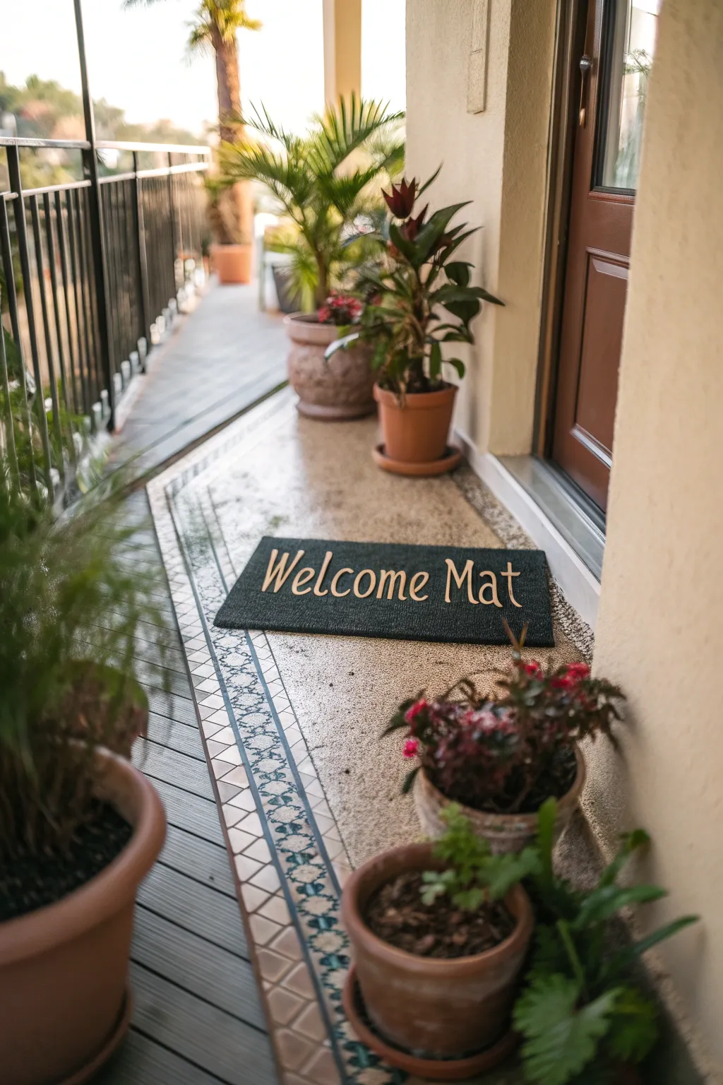 A decorative welcome mat at the entrance of a porch.