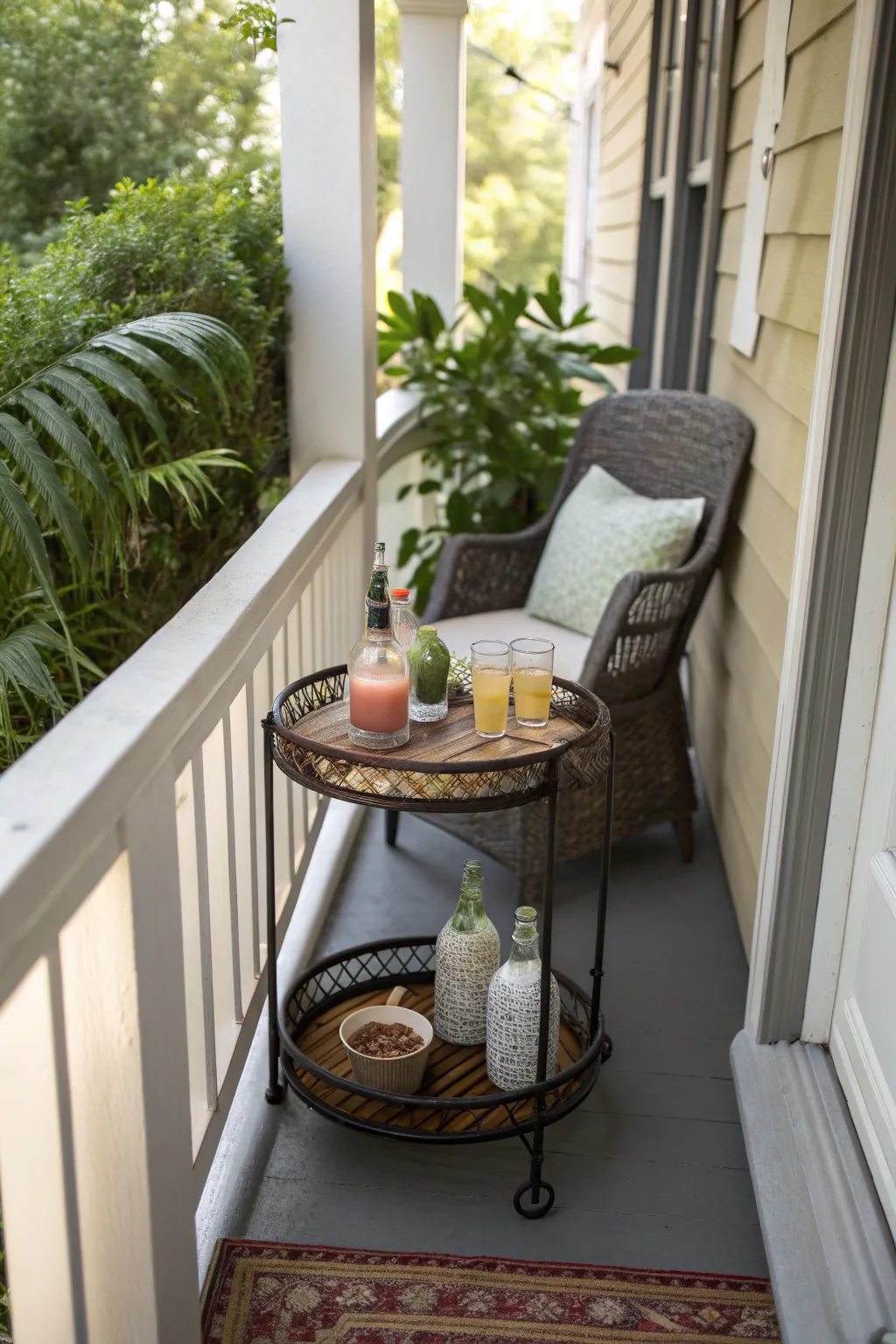 A small side table with drinks on a narrow porch.