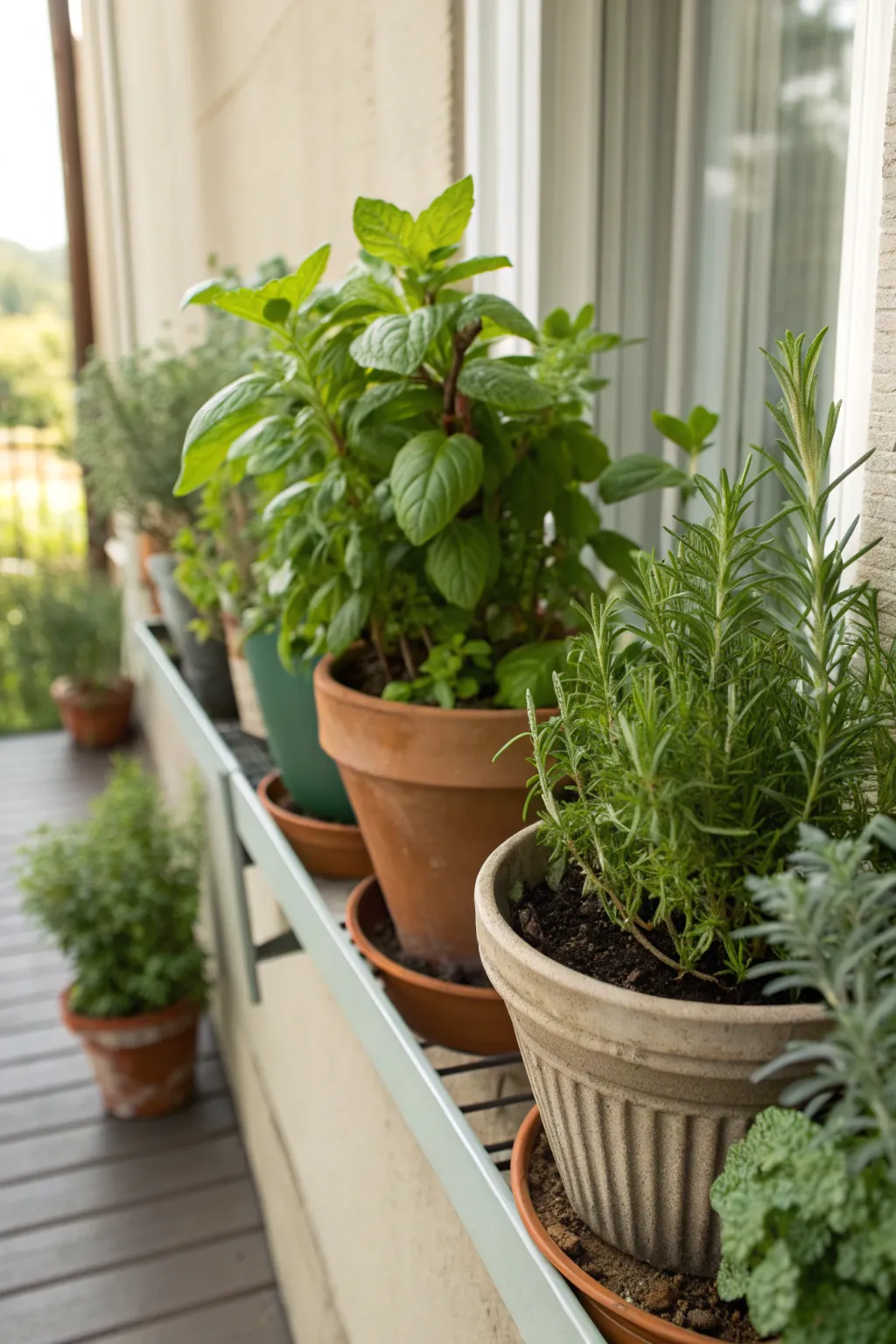 Potted herbs on a shelf adding greenery to a porch.