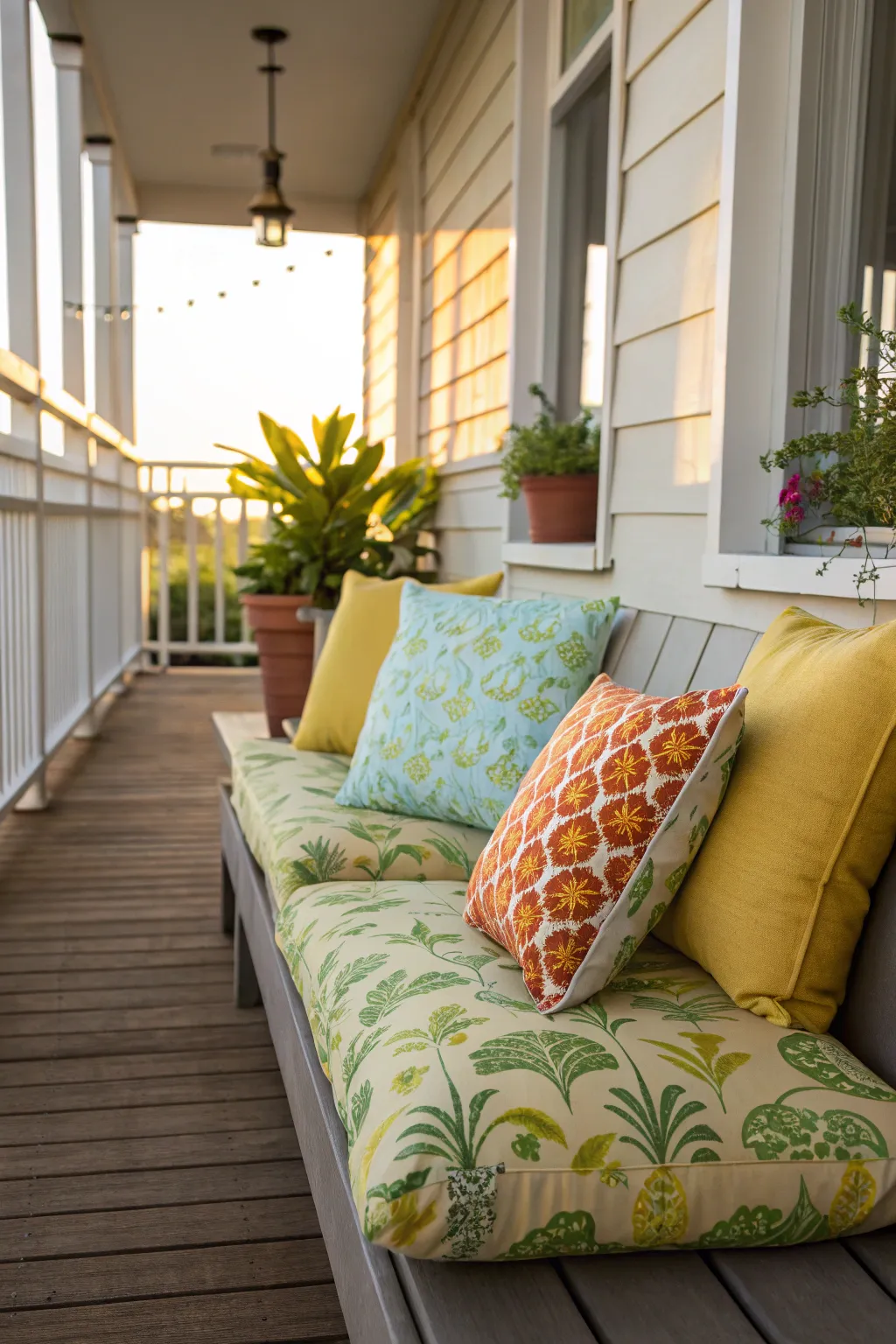 Colorful weather-resistant cushions on a porch bench.