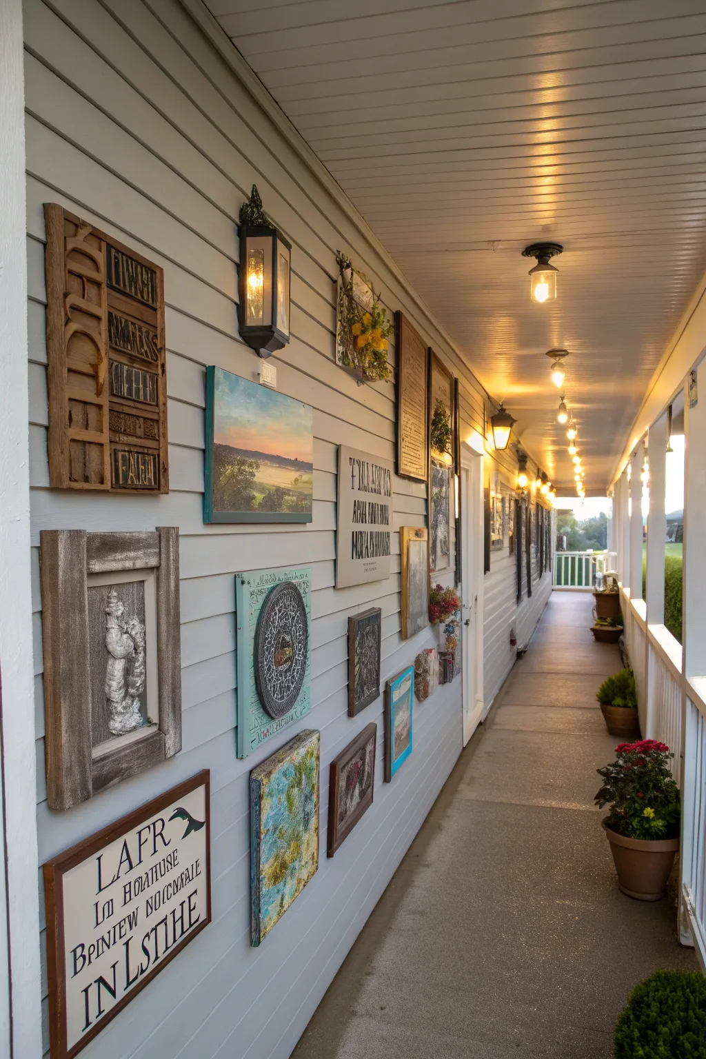 Artistic wall art and signage on a narrow porch wall.
