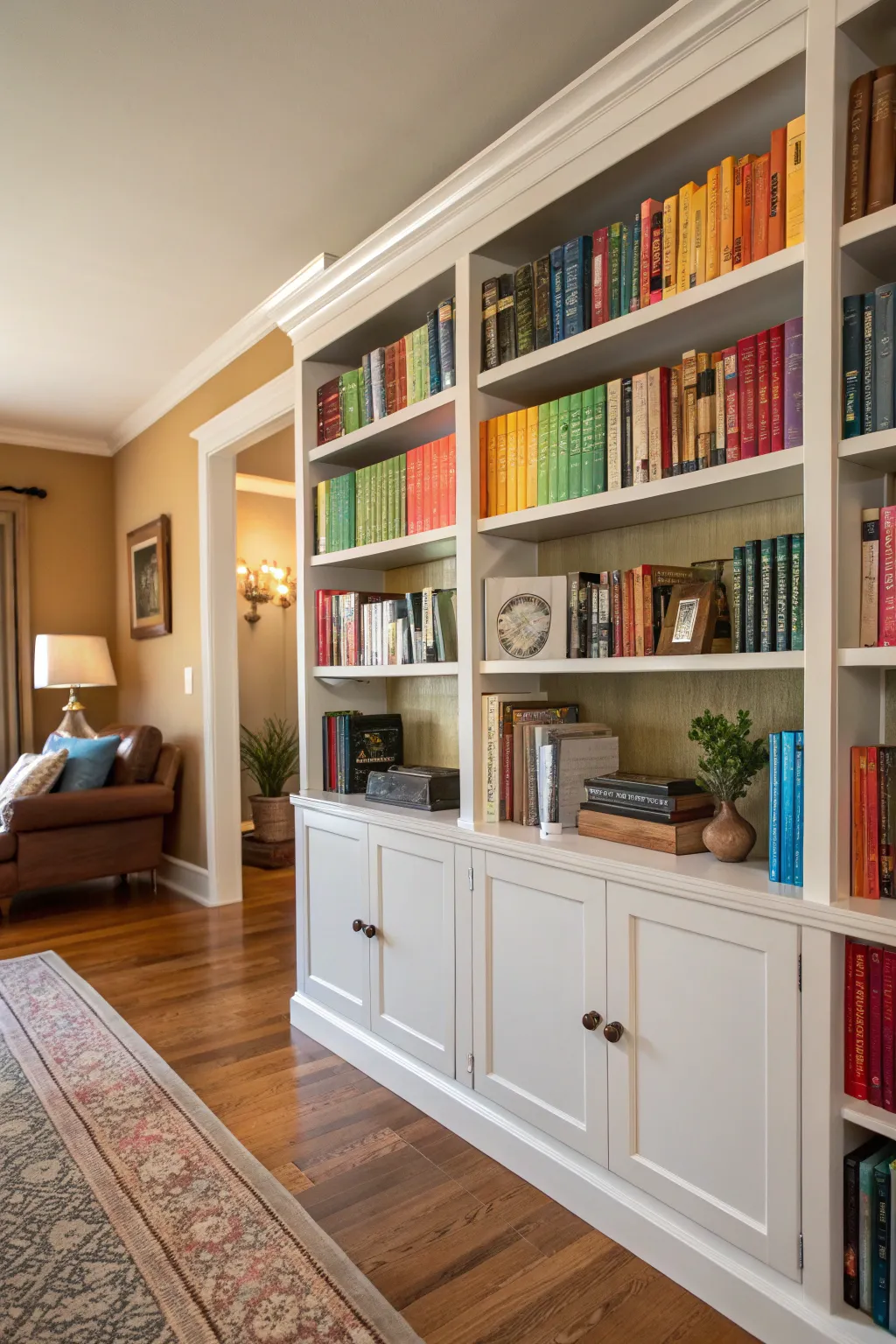 A cozy home office with a floor-to-ceiling bookshelf filled with books and decorative items.