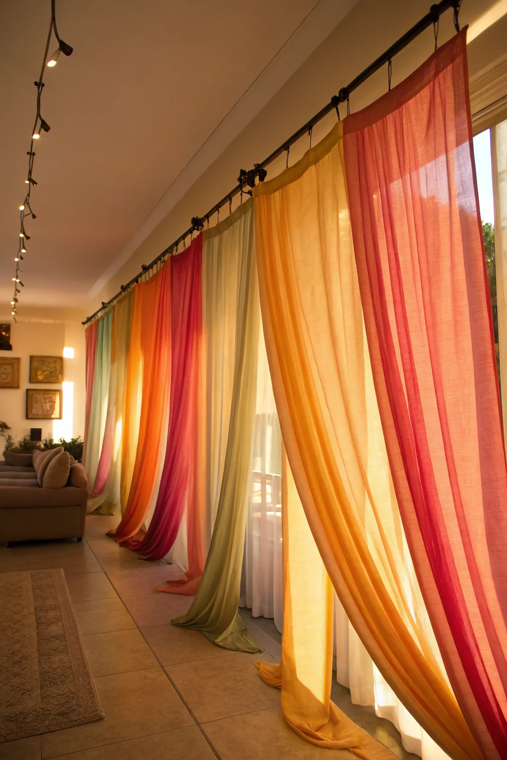 Elegant hanging fabric panels in a living room, illuminated by warm golden hour light.