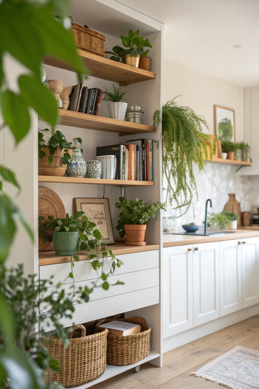 An open shelving unit in a bright kitchen showcasing plants and decorative items.