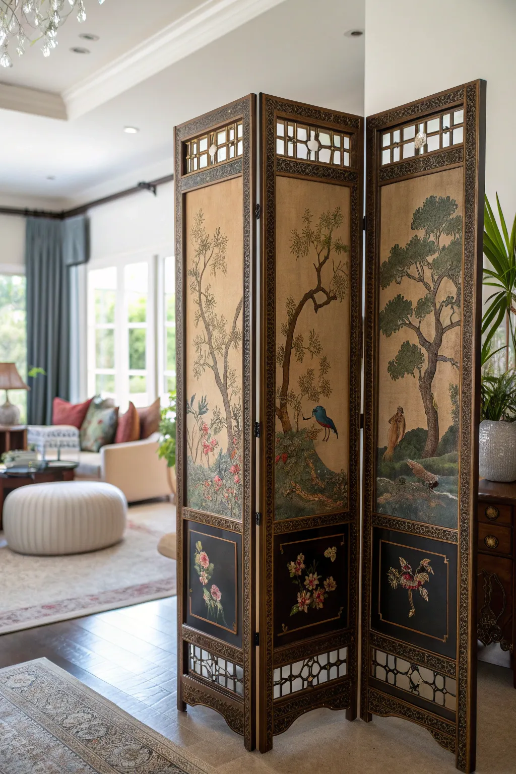 An intricately designed folding screen in a serene living room setting.