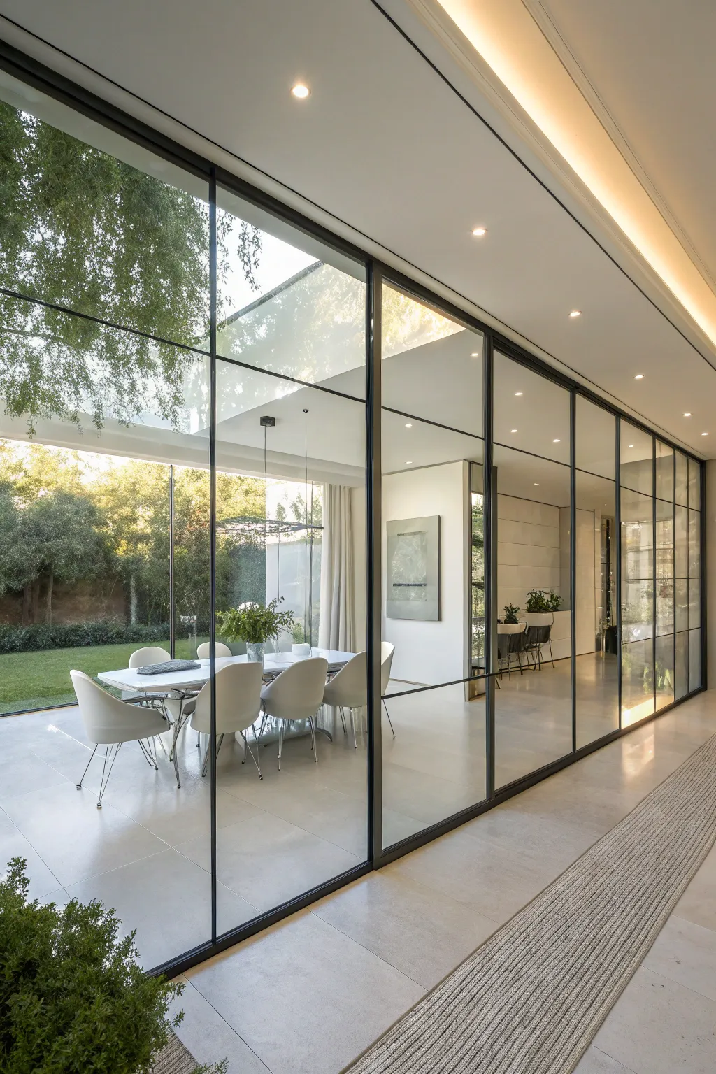 A sleek glass partition wall in a modern home office, allowing light to flow through.