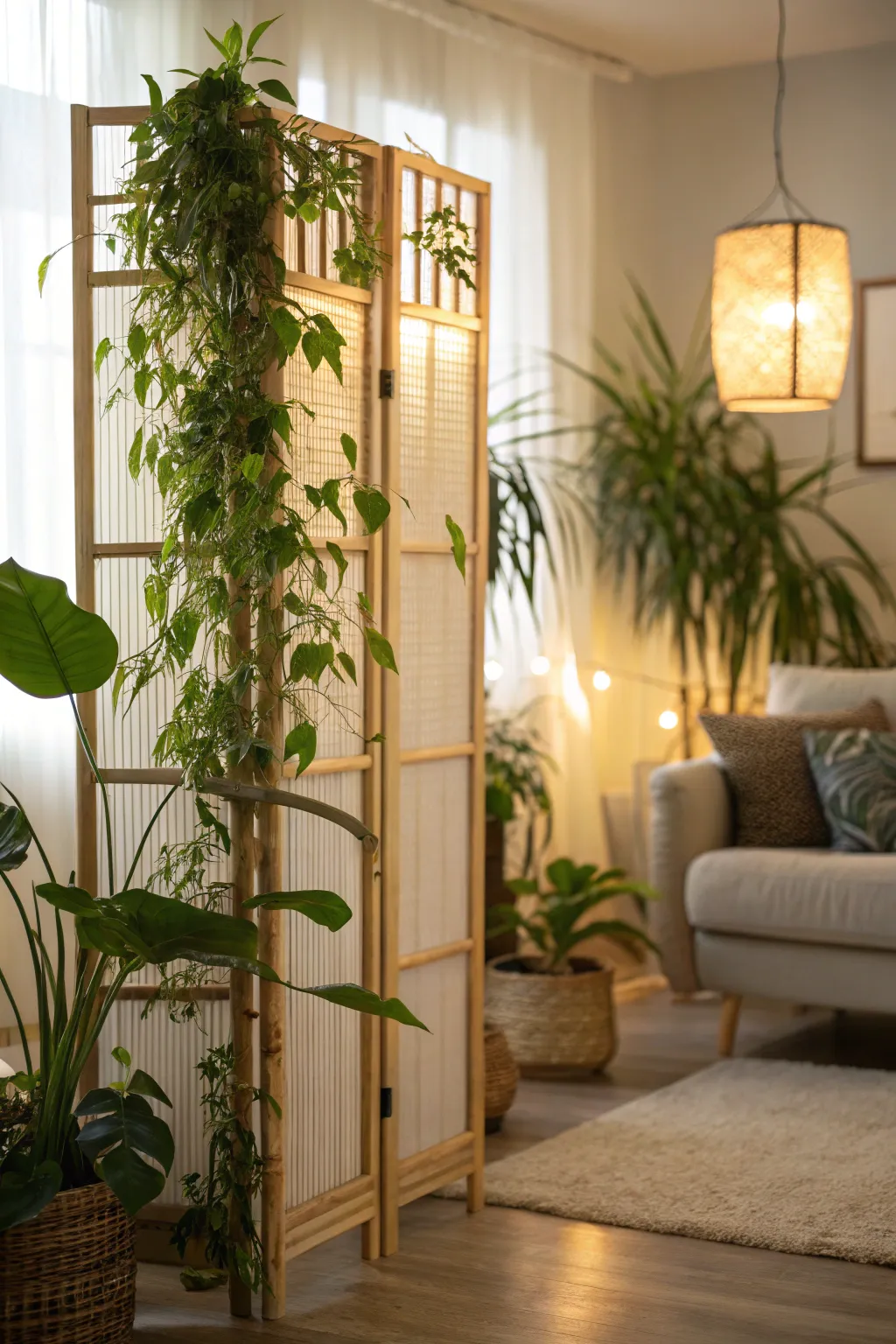 A bamboo room divider with plants in a cozy living room setting.