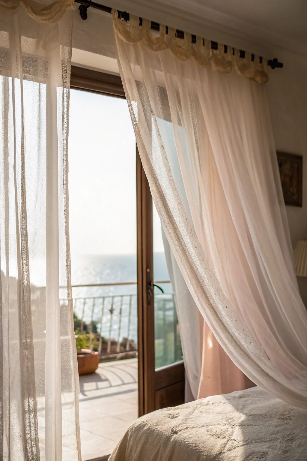 Sheer drapes flowing elegantly from a curtain rod in a romantic bedroom.