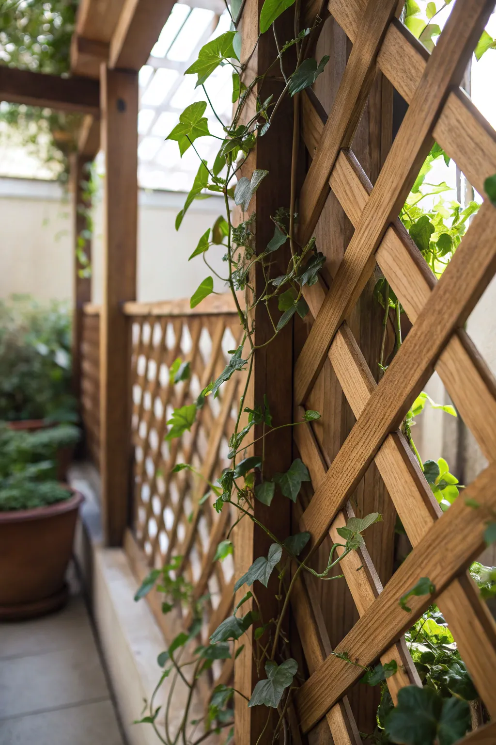 A lattice wood panel with climbing plants in a bright indoor garden.