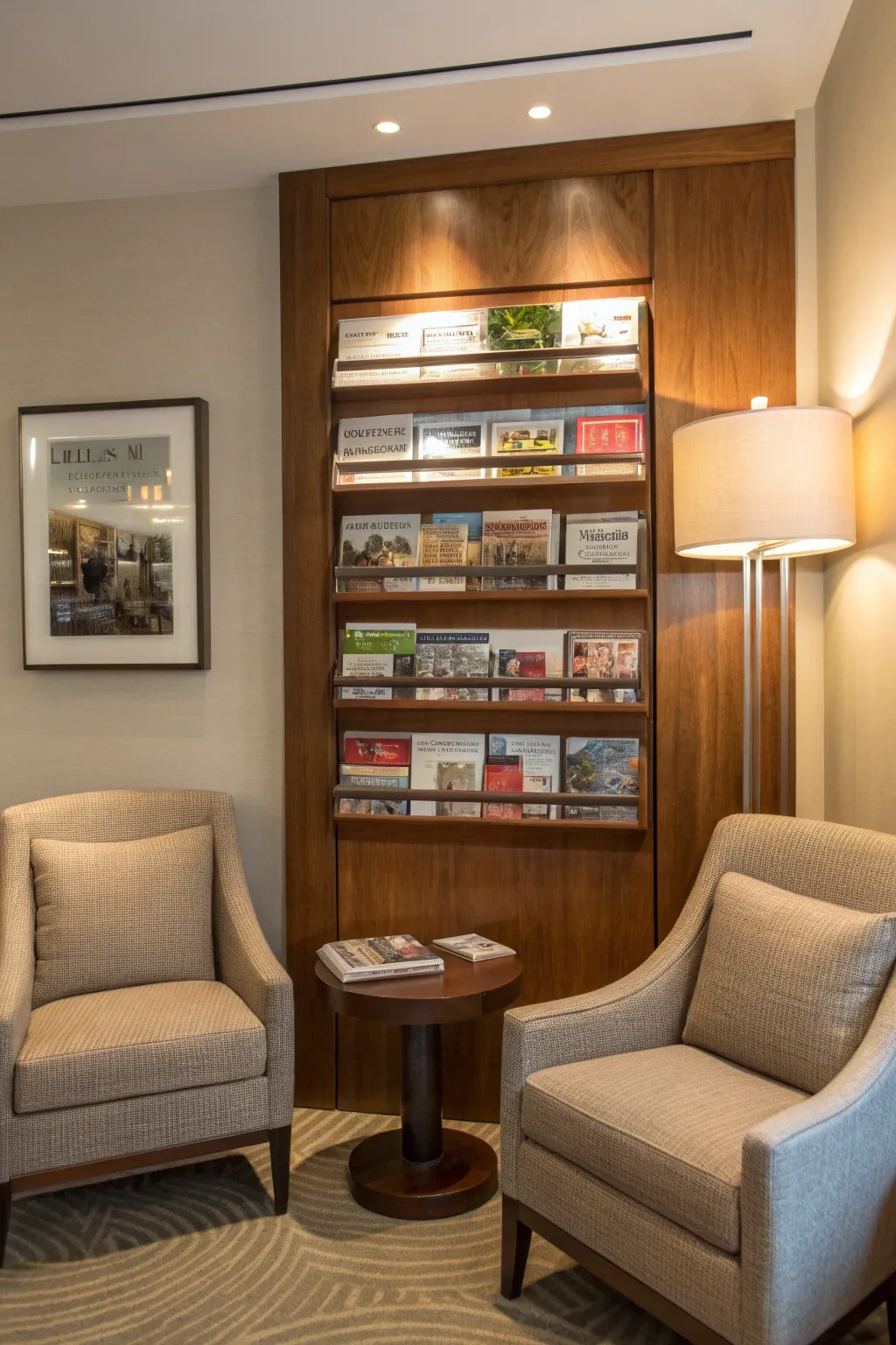 A wall-mounted magazine rack elegantly displaying magazines in a cozy reading nook.