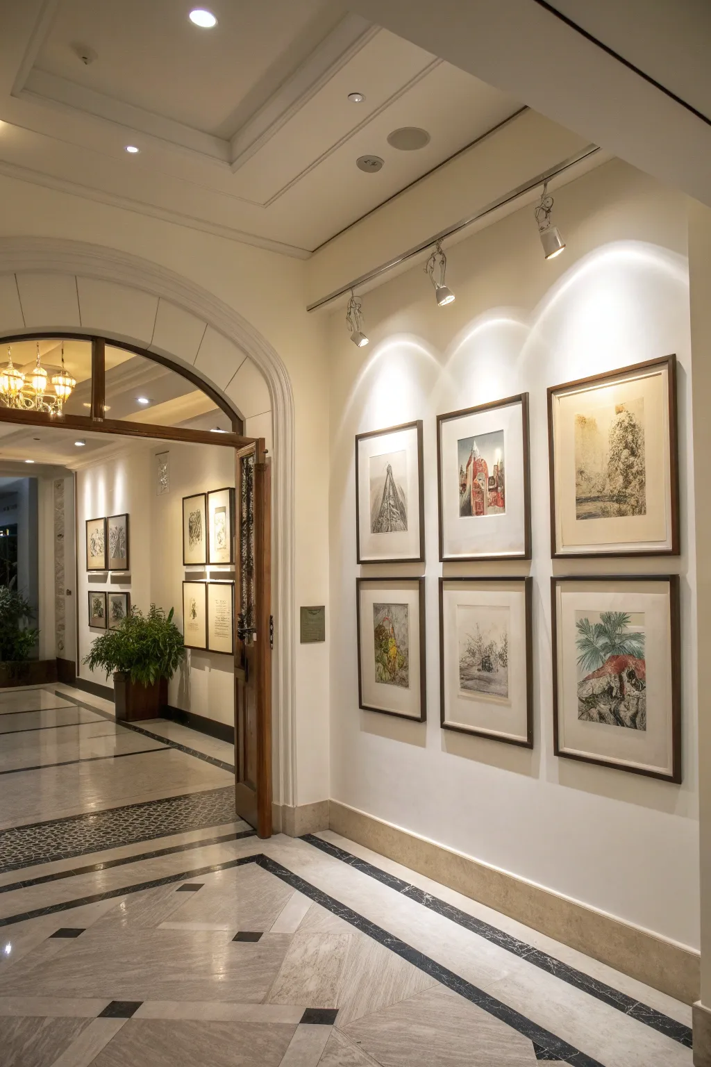 An art display wall showcasing framed artworks in a stylish entryway.