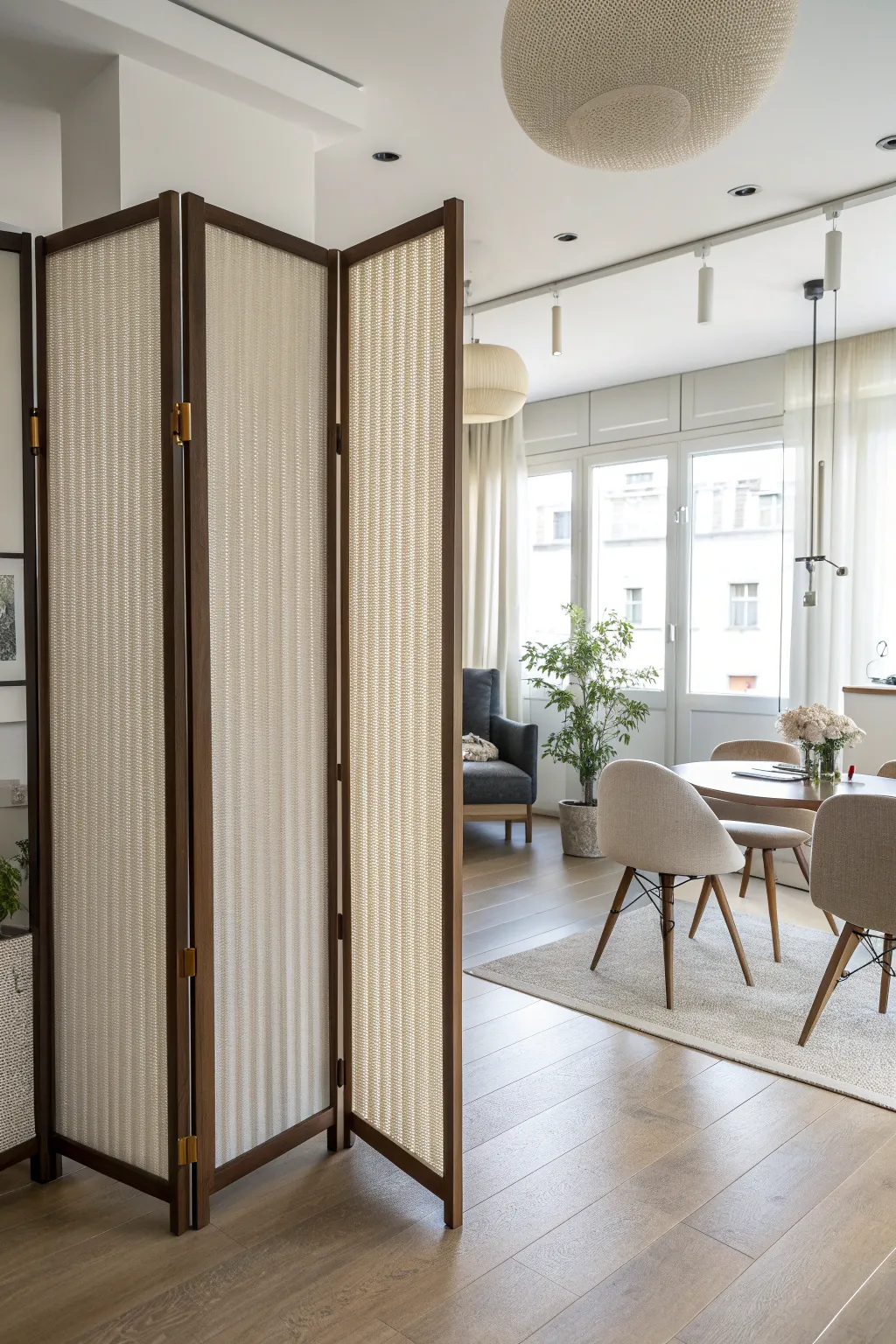 An accordion room screen elegantly folded in a modern studio apartment.
