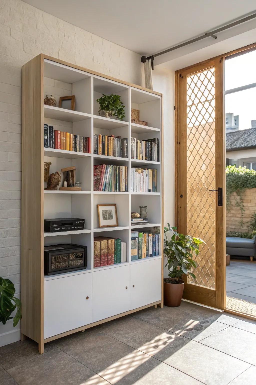 A multi-functional furniture piece serving as a room divider and bookshelf in a small living space.