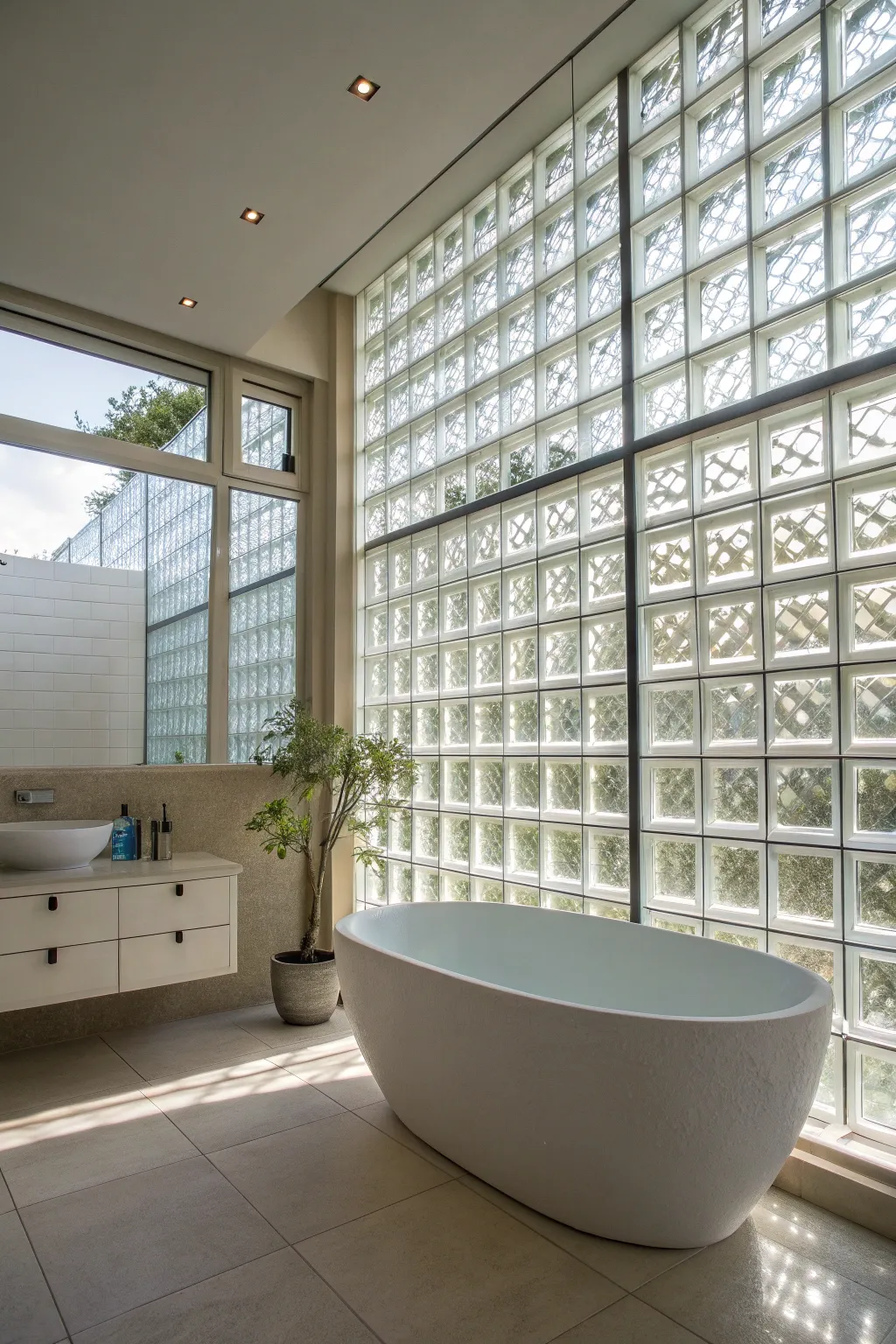A modern glass block wall allowing light to filter through in a stylish bathroom.