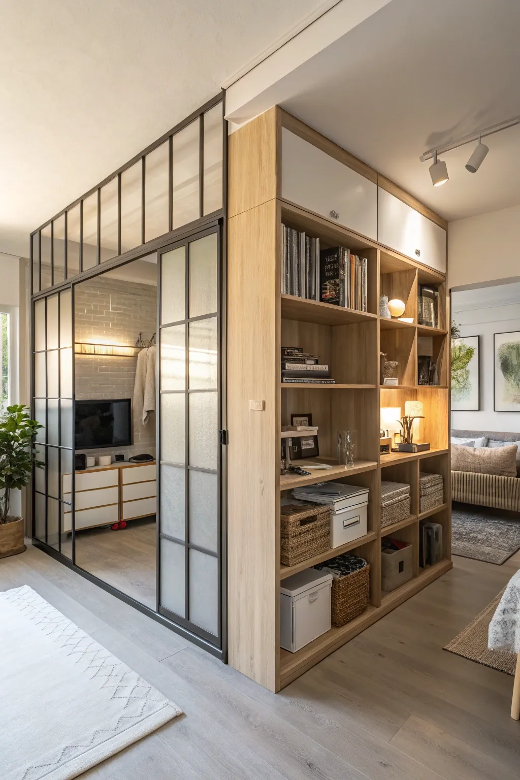 A studio apartment divider that includes storage solutions in a compact living space.