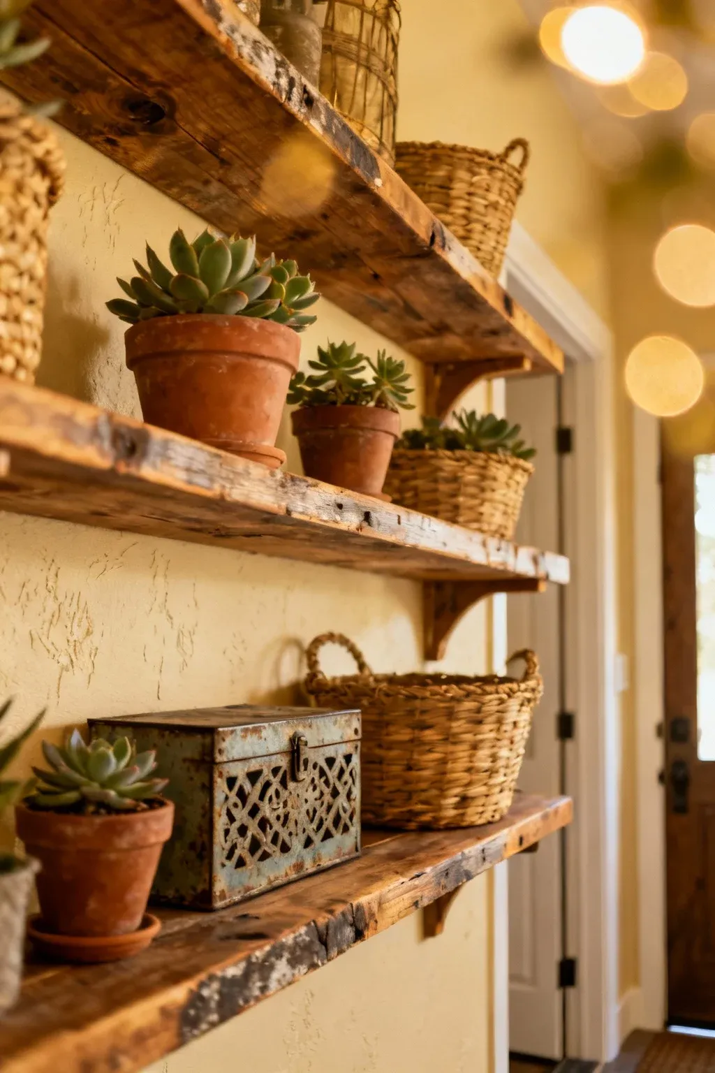 Open shelving with rustic decor items in a warm entryway.