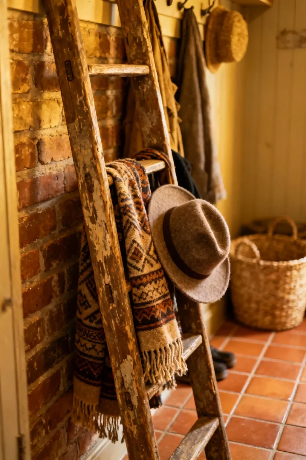 Vintage ladder used for hanging scarves and hats in a mudroom.