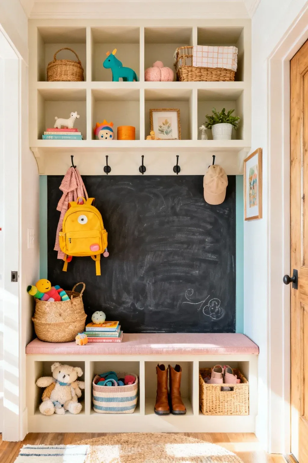 Chalkboard wall in a functional mudroom drop zone.